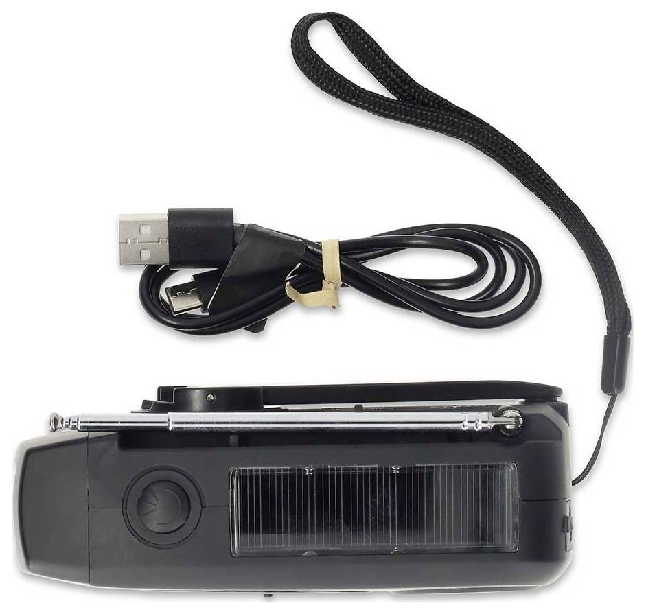 Handkurbel-Notfallradio mit Solarpanel, USB-Kabel und Handgelenkschlaufe.