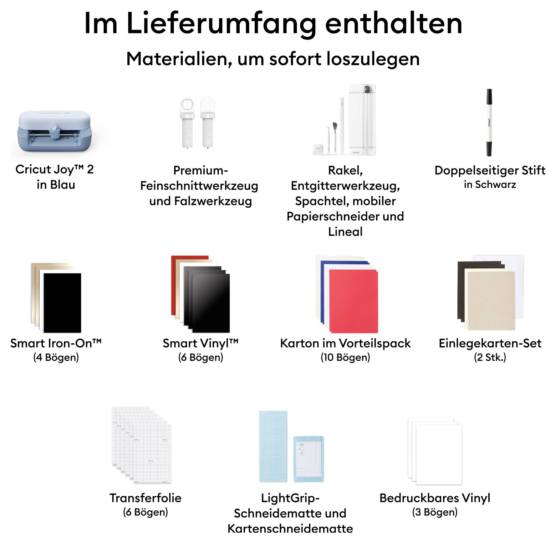 Im Lieferumfang enthalten: Cricut Joy™ 2 in Blau, Feinschnittwerkzeug, Rakel, Doppelspitzer, Smart Iron-On™, Smart Vinyl™, Karton, Einlegekarten, Schneidematte, Transferfolie.