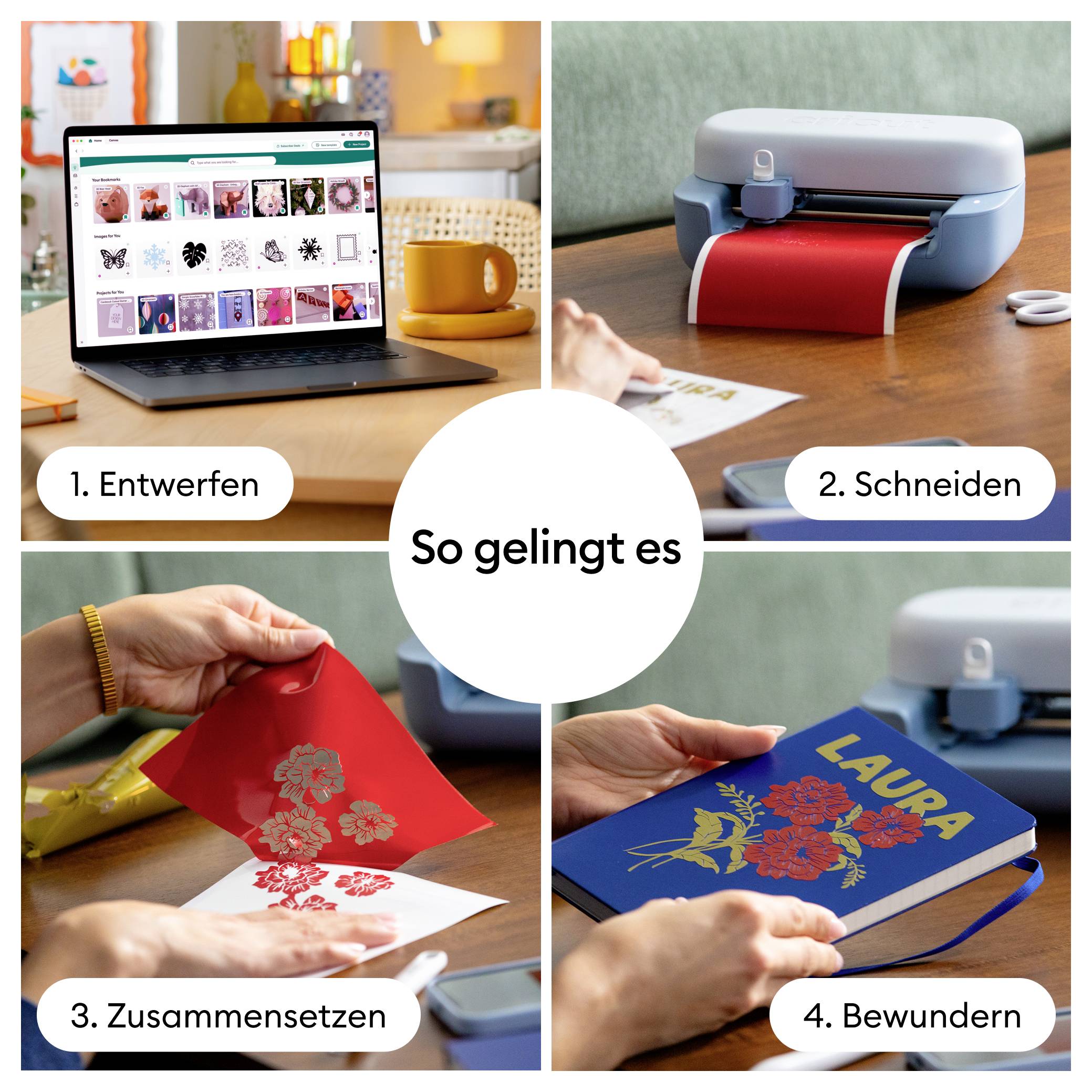 'So gelingt es': Bildschirm zeigt Grafikdesign. Schneidegerät schneidet. Person setzt Teile zusammen. Endprodukt wird bewundert.