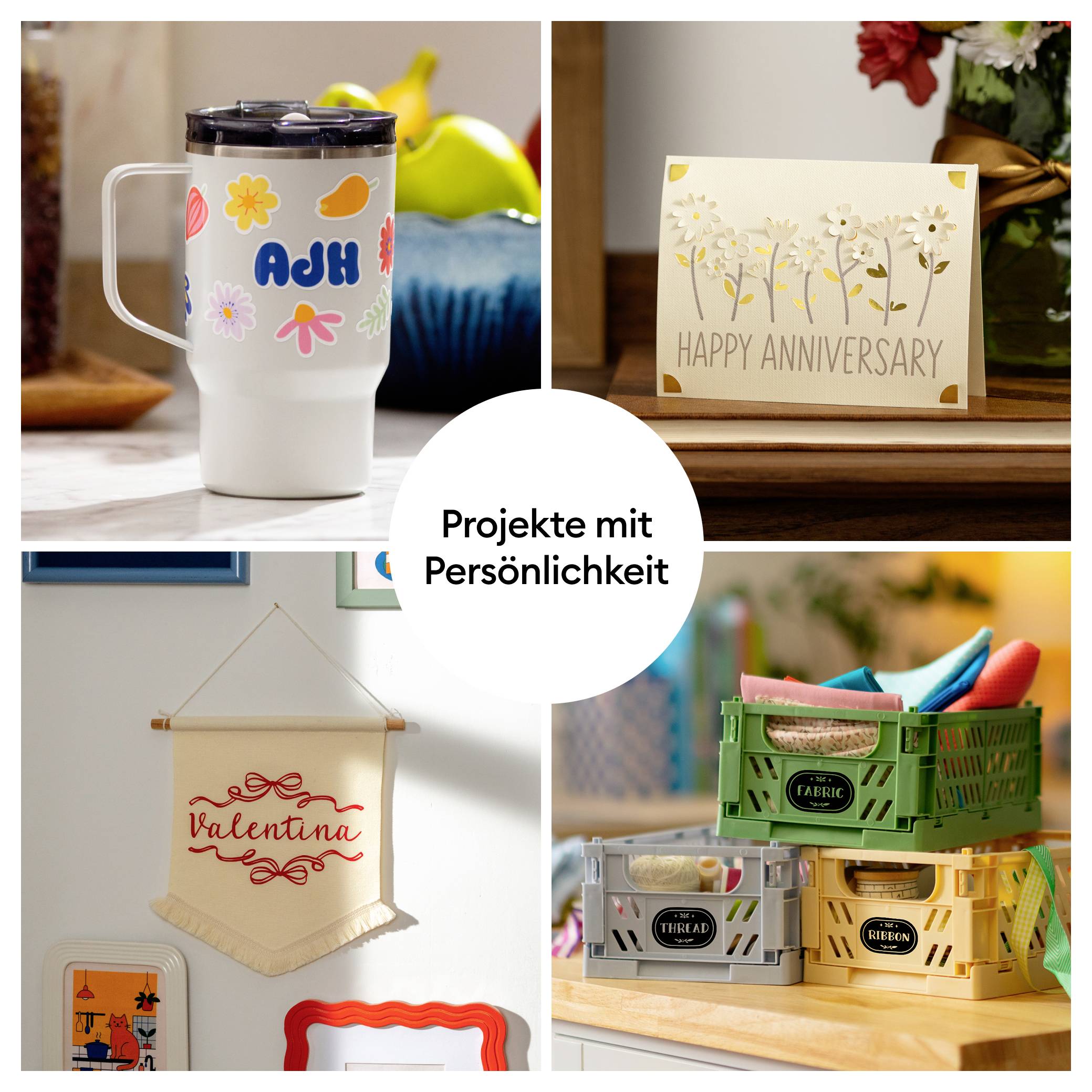 Collage von DIY-Projekten: Personalisierter Becher, Glückwunschkarte, Wanddekoration mit Namen und personalisierte Kisten.