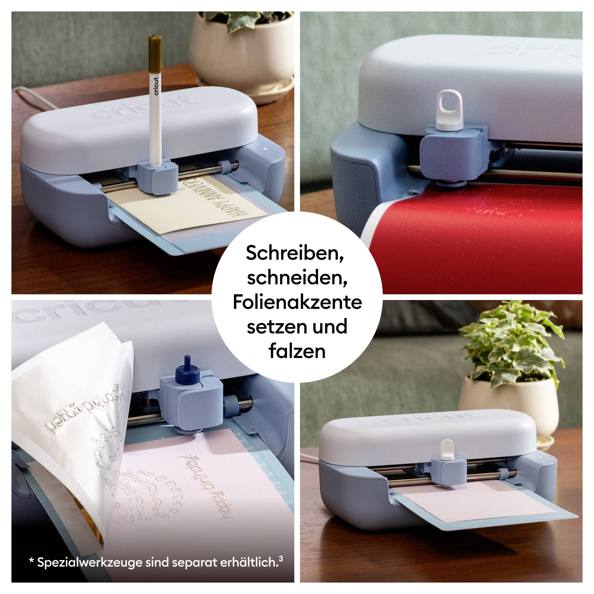 'Schreiben, schneiden, Folienakzente setzen und falzen' steht in einem Kreis. Der Multifunktionsplotter in Aktion zeigt diese Funktionen.
