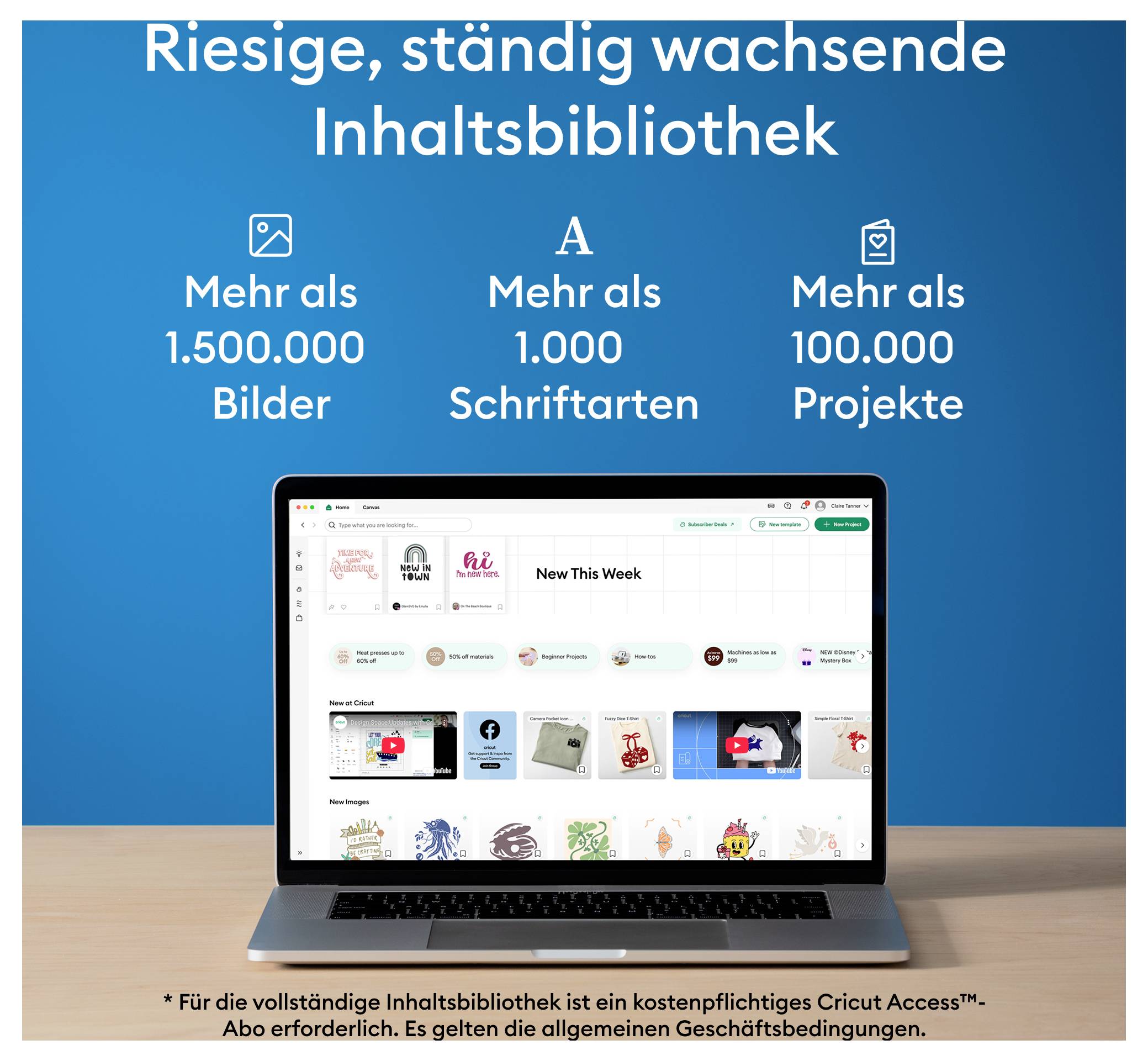 Laptop zeigt Website mit Grafik zur 'Riesigen, ständig wachsenden Inhaltsbibliothek'. Hervorgehoben: 1.500.000 Bilder, 1.000 Schriftarten, 100.000 Projekte.