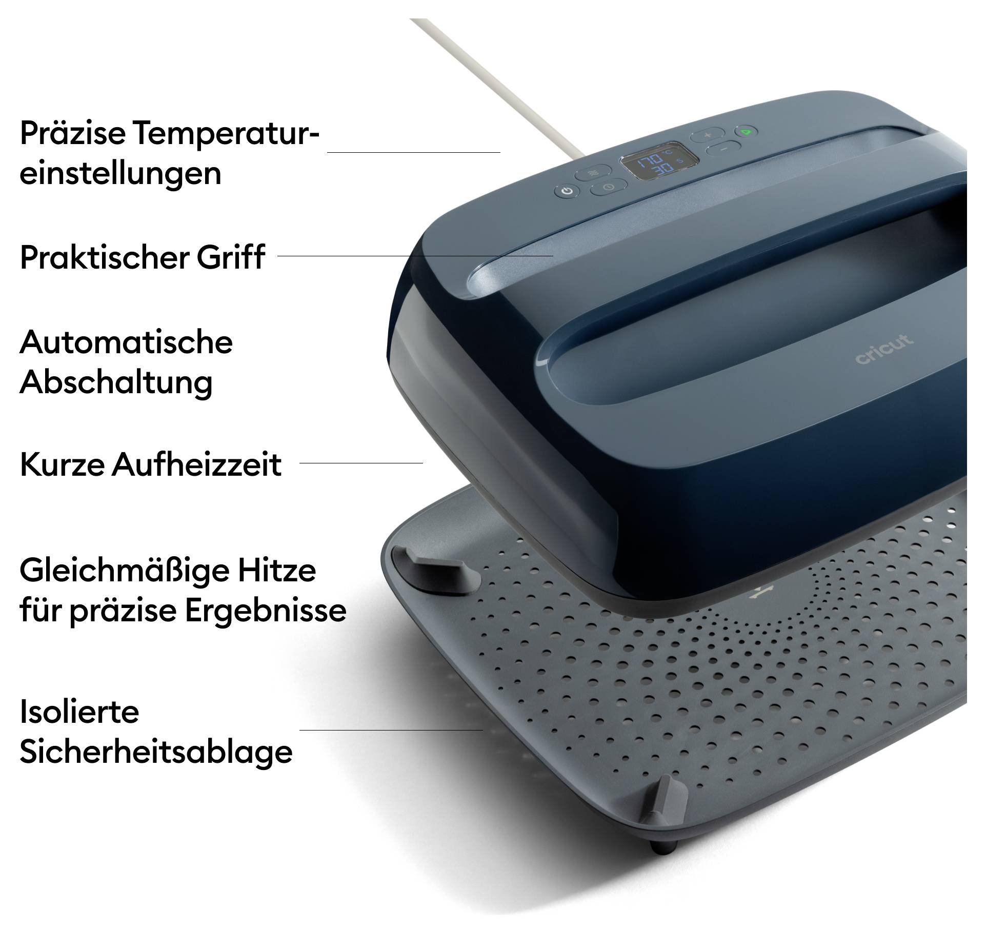 Wärmegerät mit digitalem Display und mehreren Funktionen: Präzise Temperatureinstellungen, automatisches Abschalten, gleichmäßige Hitzeverteilung.