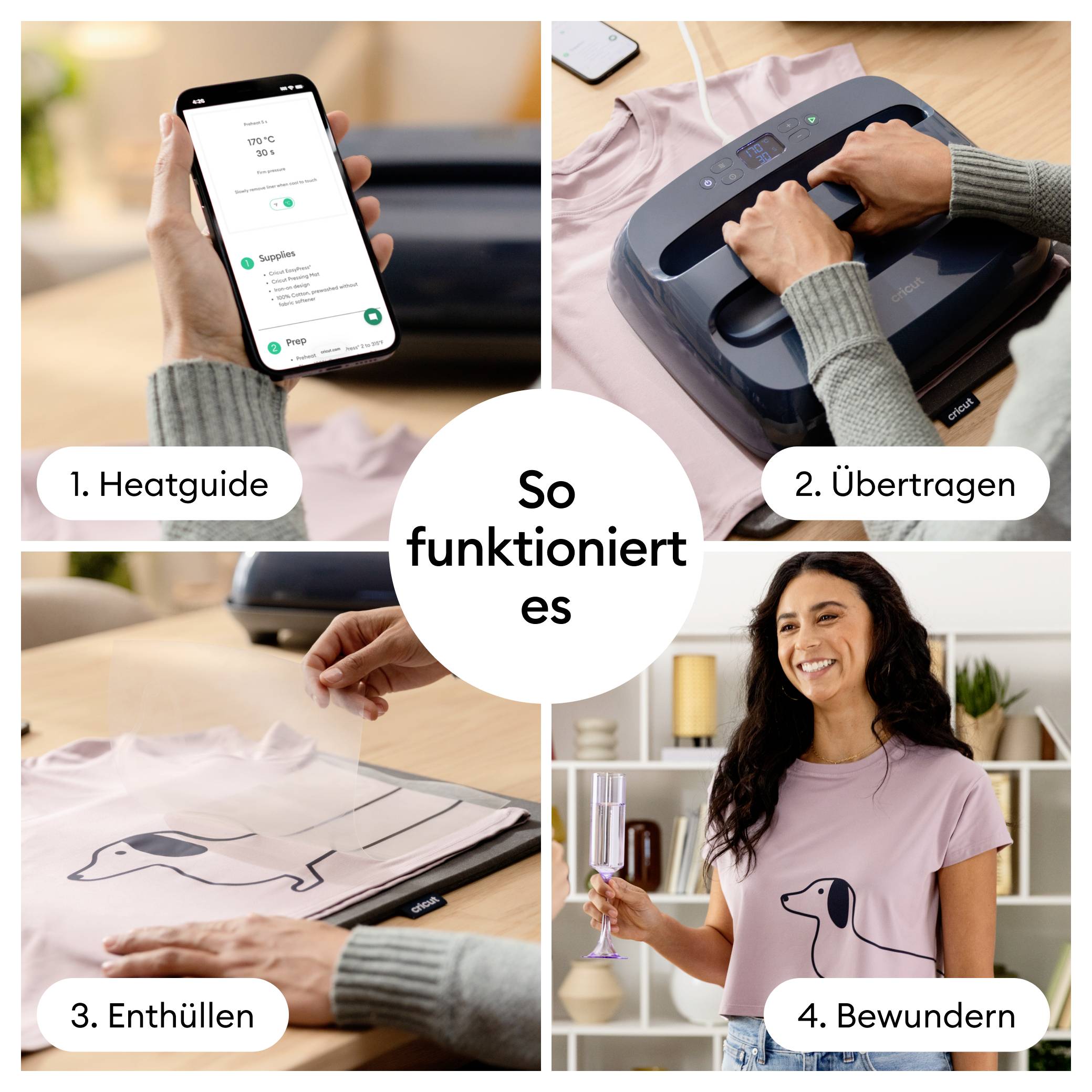 Collage von vier Bildern mit der Nutzung eines Bügeleisens für personalisierte T-Shirts: 1. Heizleitfaden auf Smartphone. 2. Übertragung. 3. Enthüllung. 4. Frauen bewundern ihr T-Shirt.