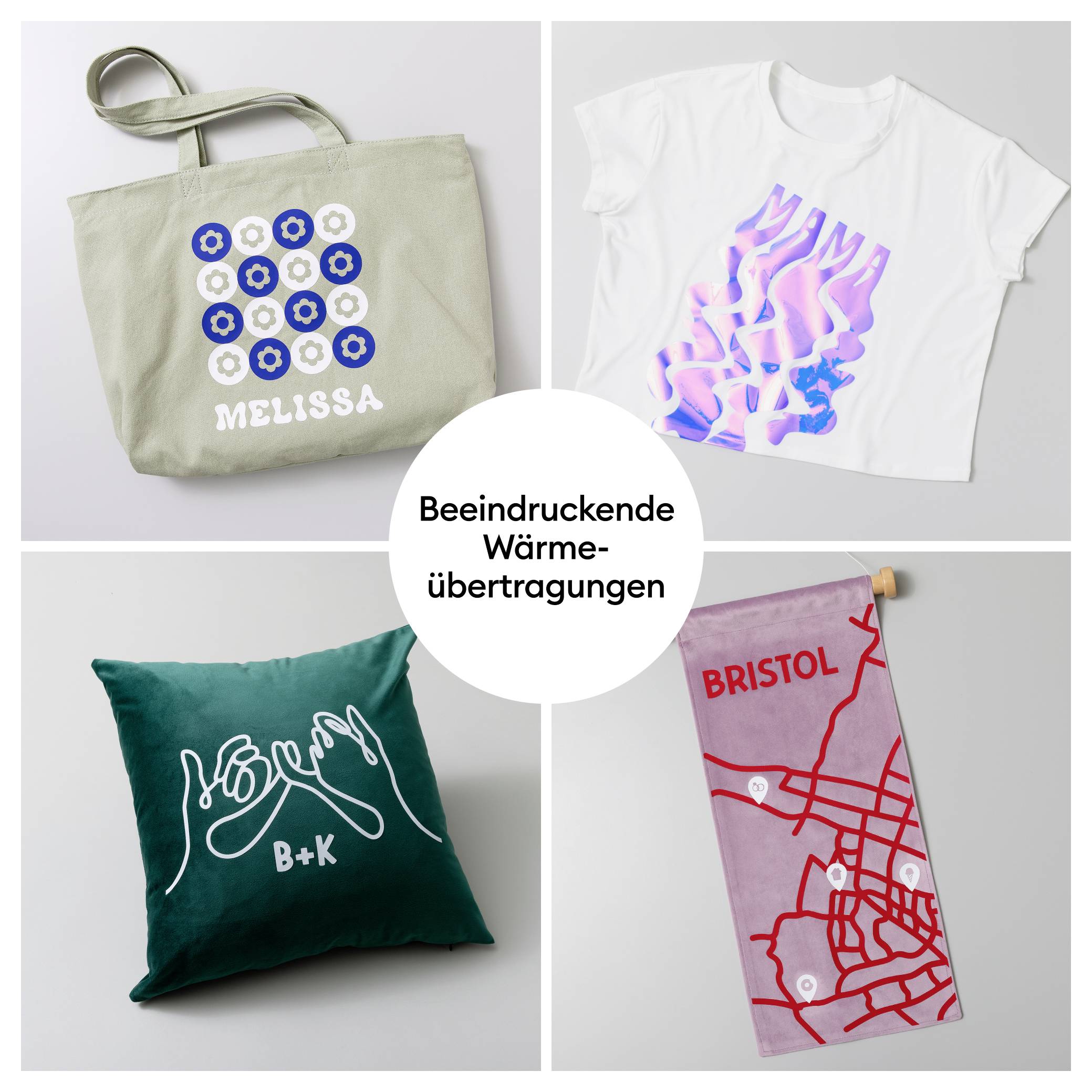 Tasche mit blauem Blumenmuster, weißes T-Shirt mit rosa Aufdruck, grünes Kissen mit Händen-Motiv, rotes BRISTOL-Handtuch. 'Beeindruckende Wärmeübertragungen' in der Mitte.