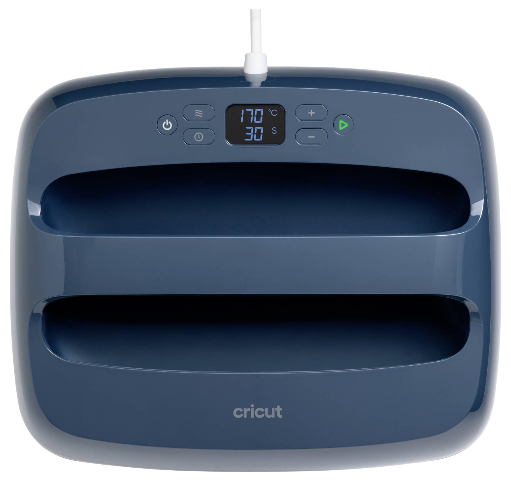 Cricut-Heißdruckmaschine mit digitaler Anzeige, die 170°C und 30 Sekunden anzeigt.