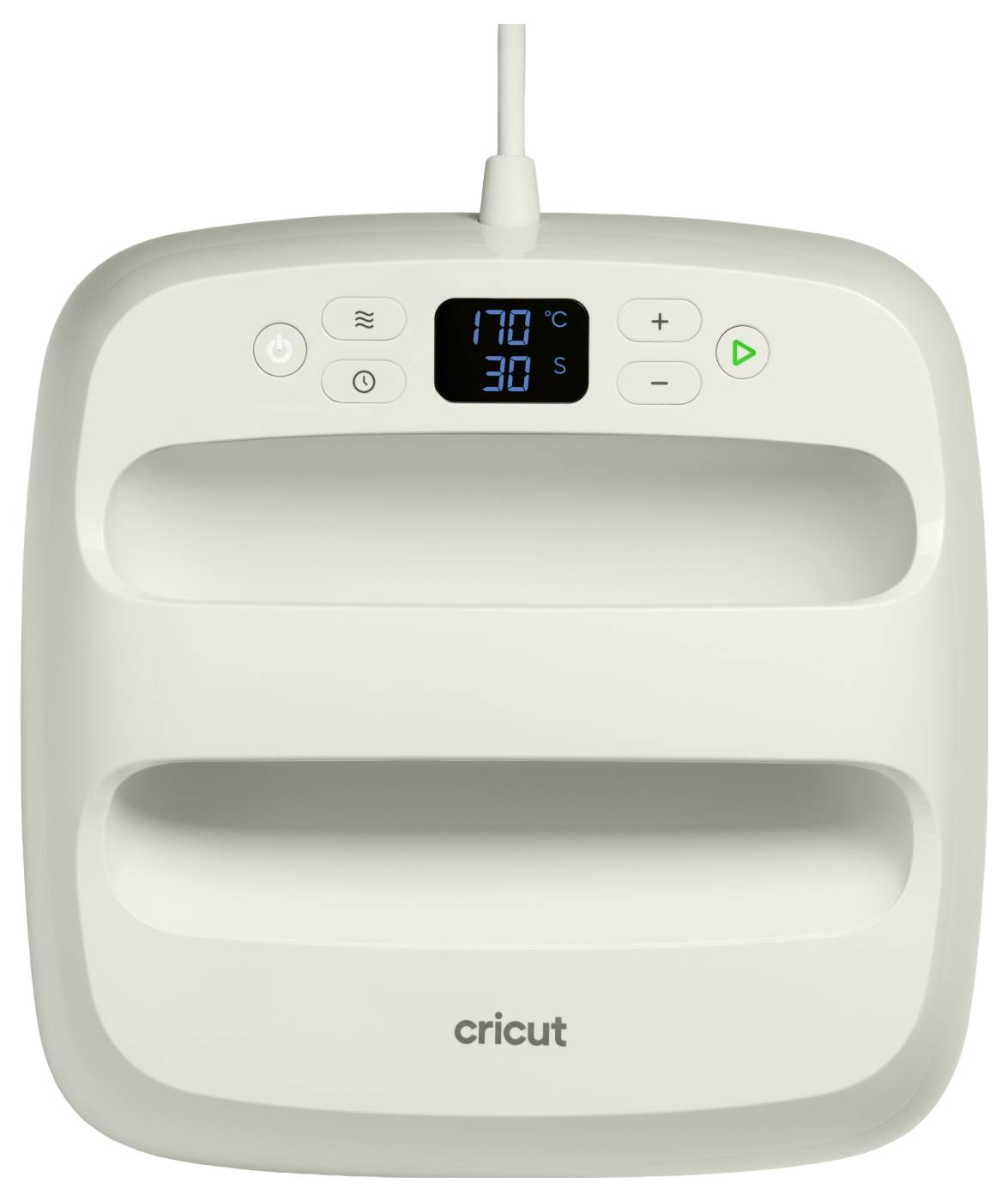 Ein weißes Cricut EasyPress 2 mit digitaler Anzeige, auf der „170°C