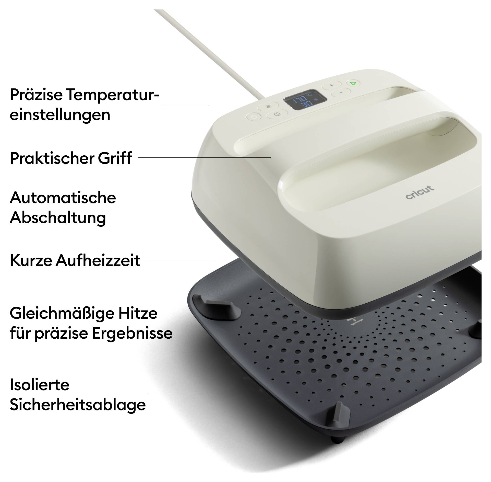Ein weißes Heizgerät mit einem digitalen Display. Funktionen: präzise Temperatureinstellungen, praktischer Griff, automatische Abschaltung, schnelle Aufheizzeit, gleichmäßige Hitze, isolierte Sicherheitsablage.