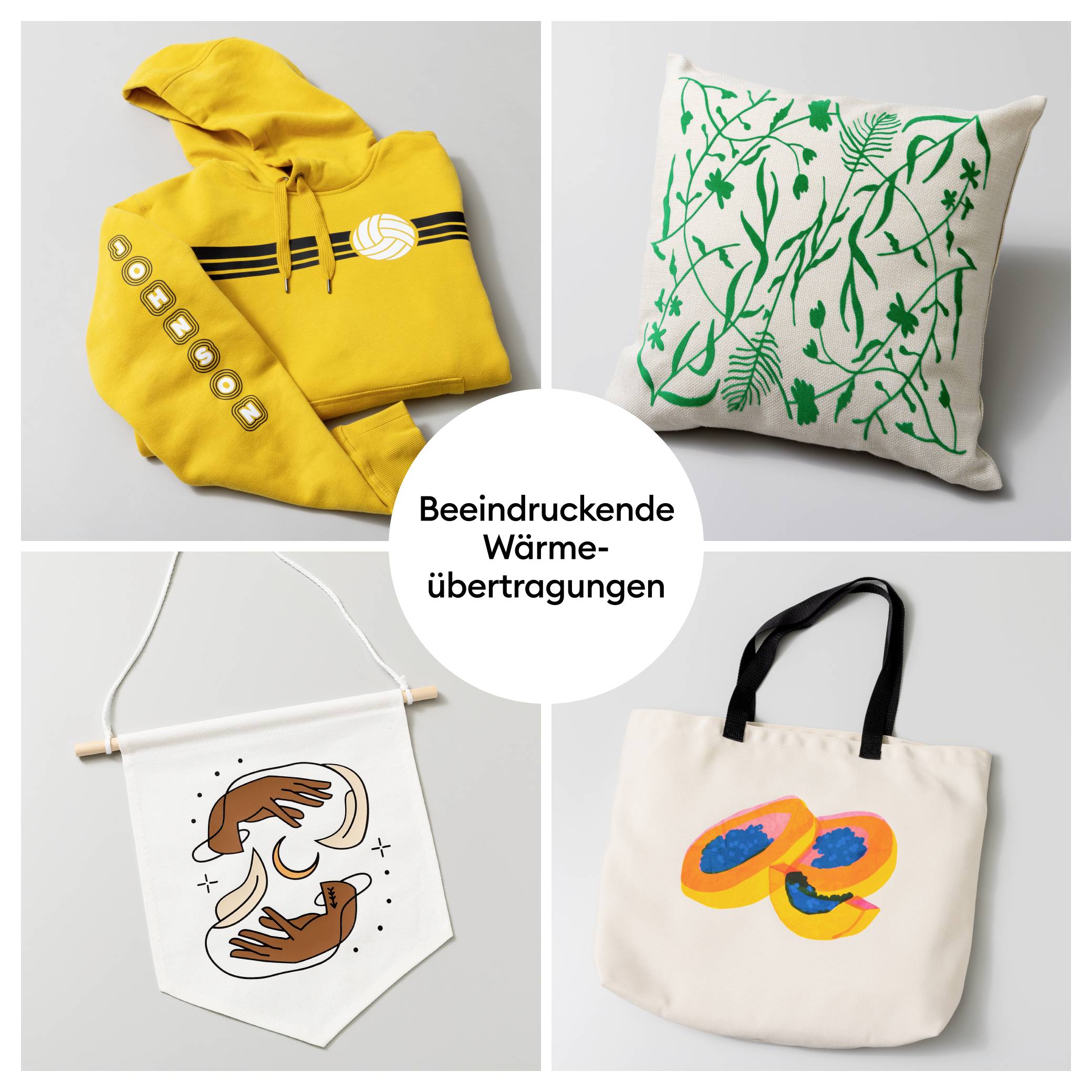 Vier Produkte mit beeindruckenden Wärmeübertragungen: gelber Hoodie, grünes Blattkissen, Wandtuch mit Händen, Tasche mit Fruchtmotiv.