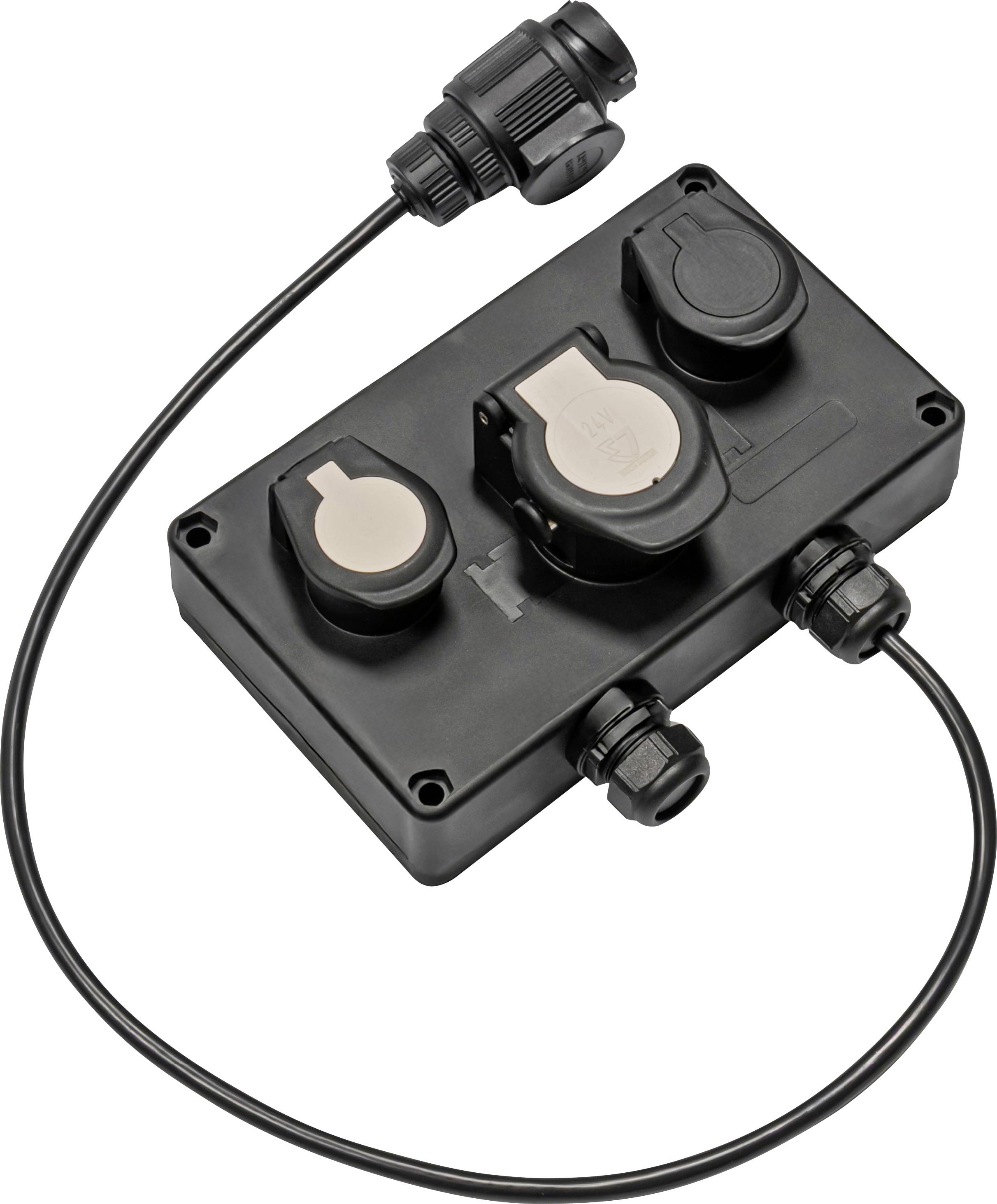 Eine schwarze wasserdichte elektrische Verteilerdose mit drei Kabeleinführungen und einem angeschlossenen Kabel.