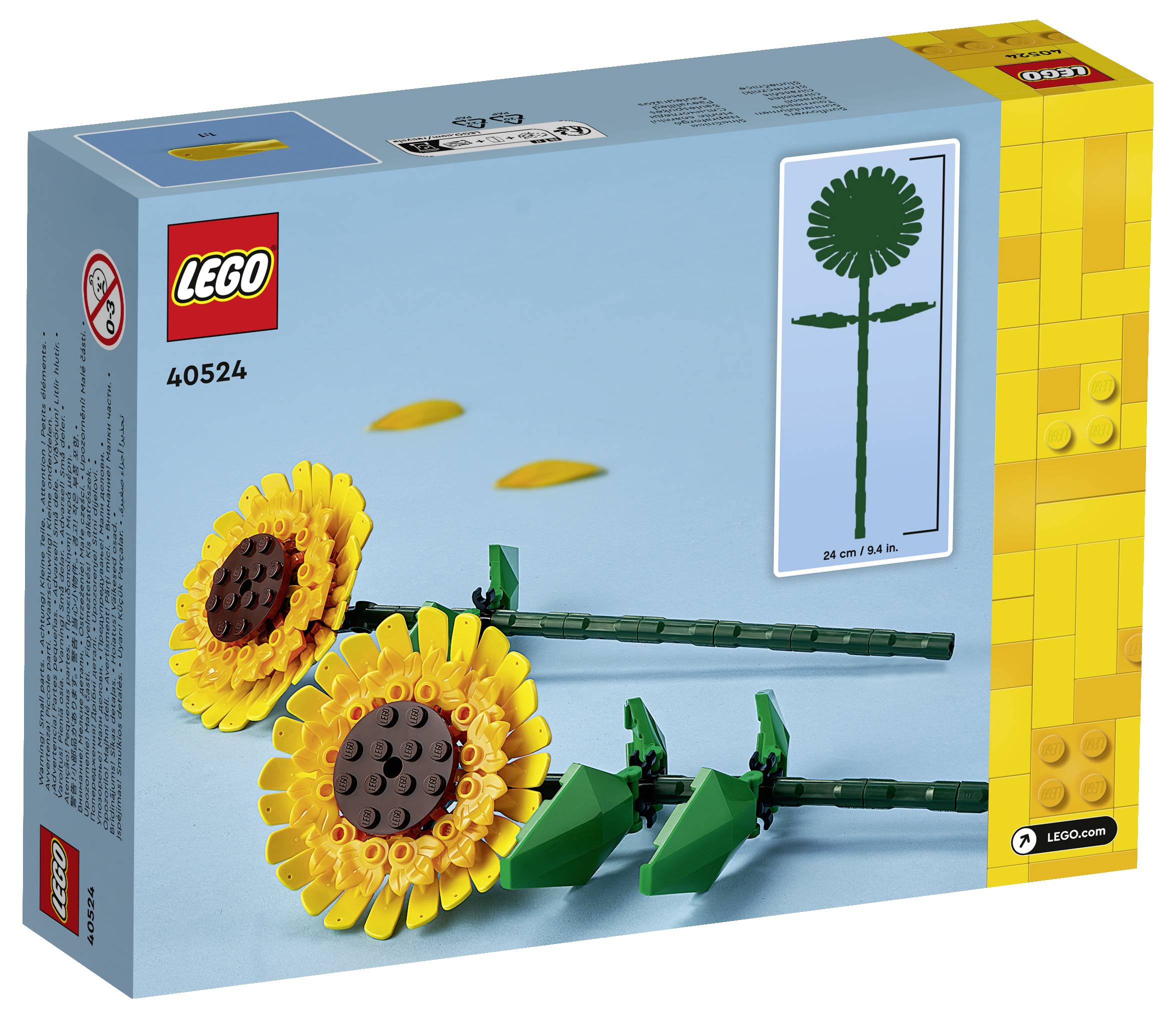 LEGO-Verpackung mit einem Bild von Sonnenblumenmodellen aus LEGO-Steinen, die zwei Sonnenblumen mit gelben Blütenblättern und grünen Stielen zeigt.