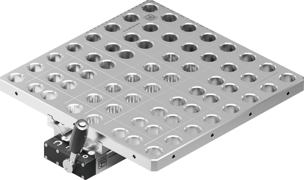 Metal perforated plate with grid of holes and attached lever, used for industrial or mechanical applications.