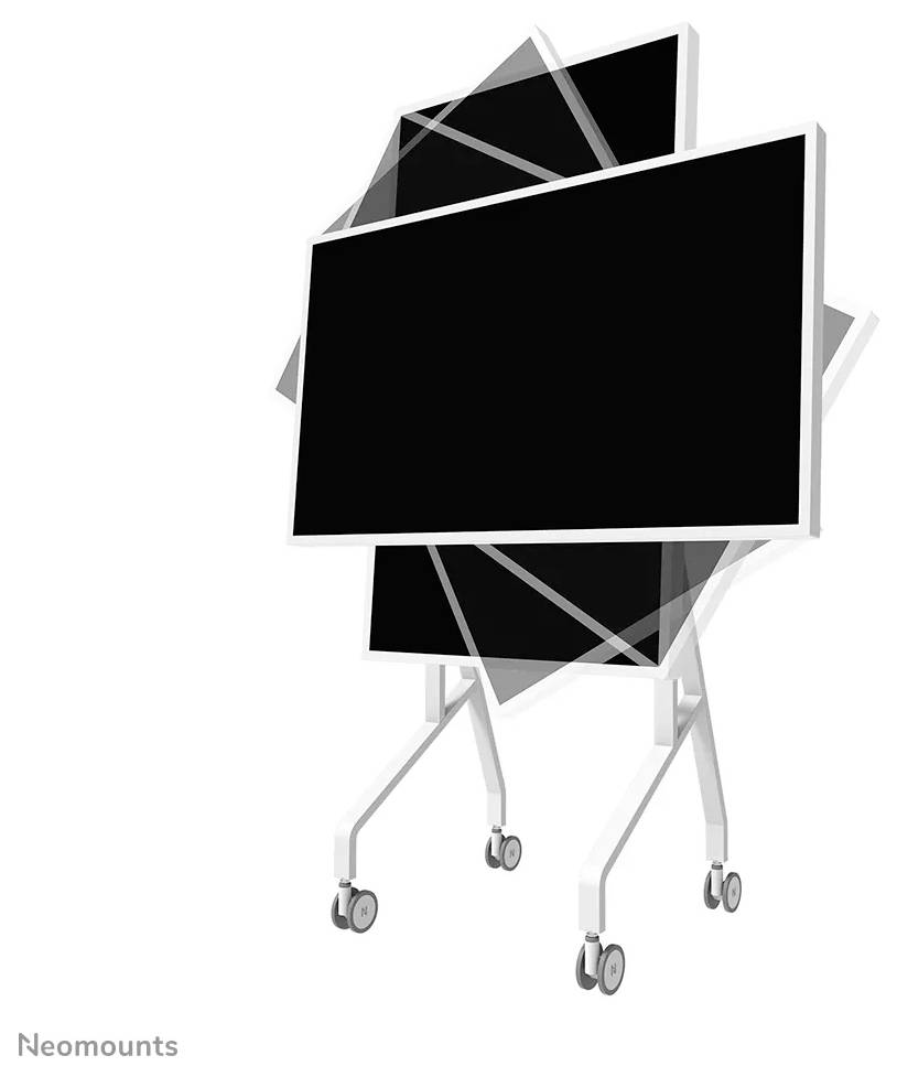 Weißer mobiler TV-Ständer mit mehreren überlagerten TV-Bildschirmen, montiert auf Rollen für einfache Bewegung und verstellbaren Betrachtungswinkeln.