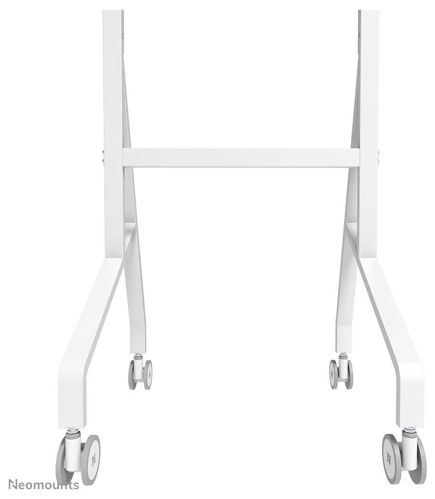 Ein weißer mobiler Ständer mit vier kleinen Rädern, konstruiert für einfache Beweglichkeit und Stabilität.