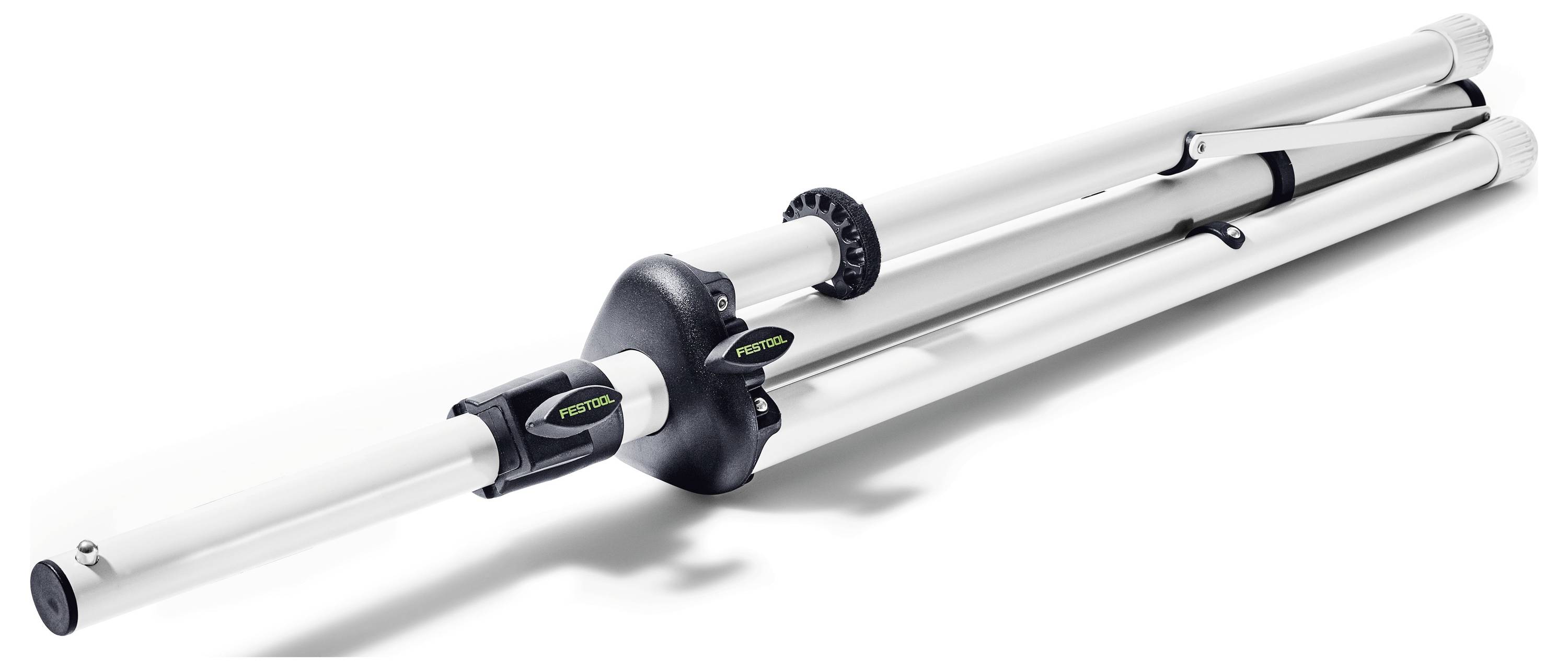 Ein zusammengeklapptes, weißes zusammenklappbares Stativ mit schwarzen Gelenken, das auf einer weißen Oberfläche liegt.