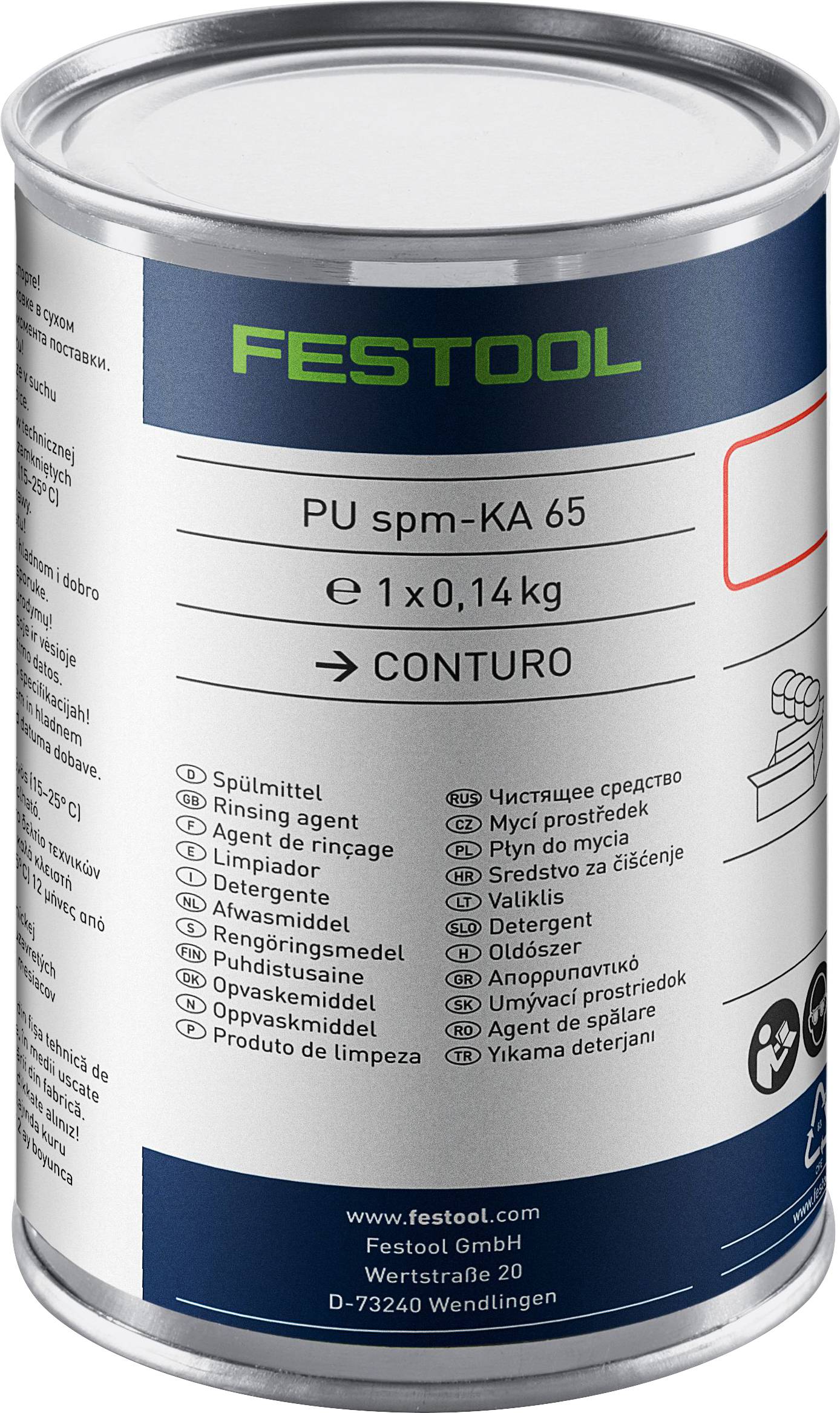 Dose Festool PU spm-KA 65 Klebstoff, 0.14 kg. Das Etikett enthält Anwendungsanweisungen und mehrsprachigen Text.