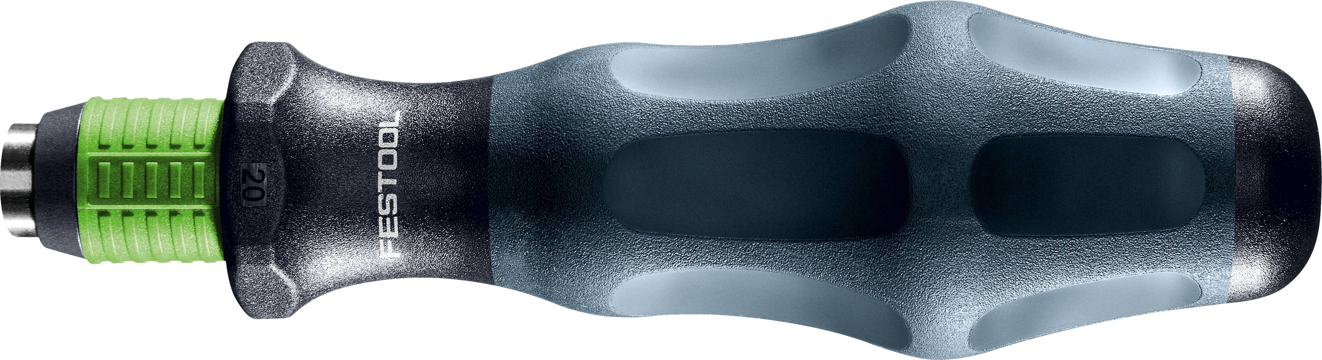 Ein Festool-Schraubendrehergriff in Grau mit grünen und schwarzen Akzenten verfügt über einen ergonomischen Griff, der für Benutzerfreundlichkeit und Komfort konzipiert wurde.