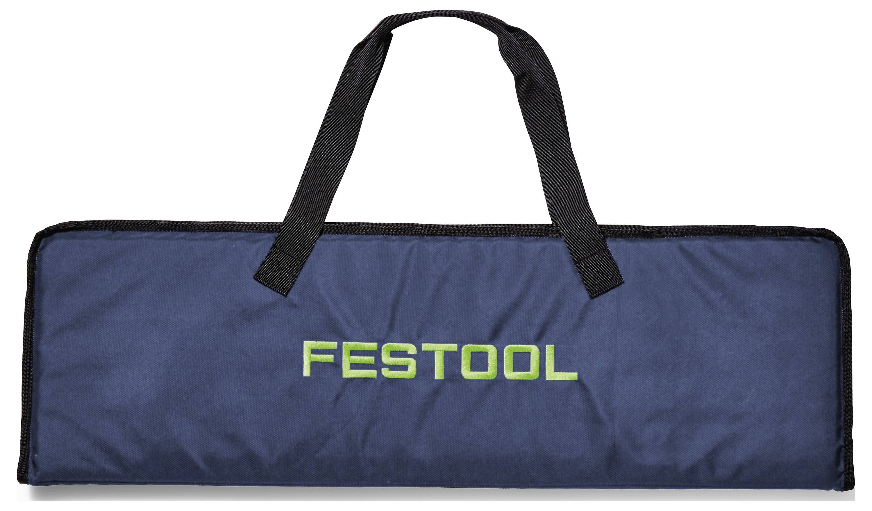 Ein blaues rechteckiges Transportkoffer mit schwarzen Griffen, mit dem Wort „Festool