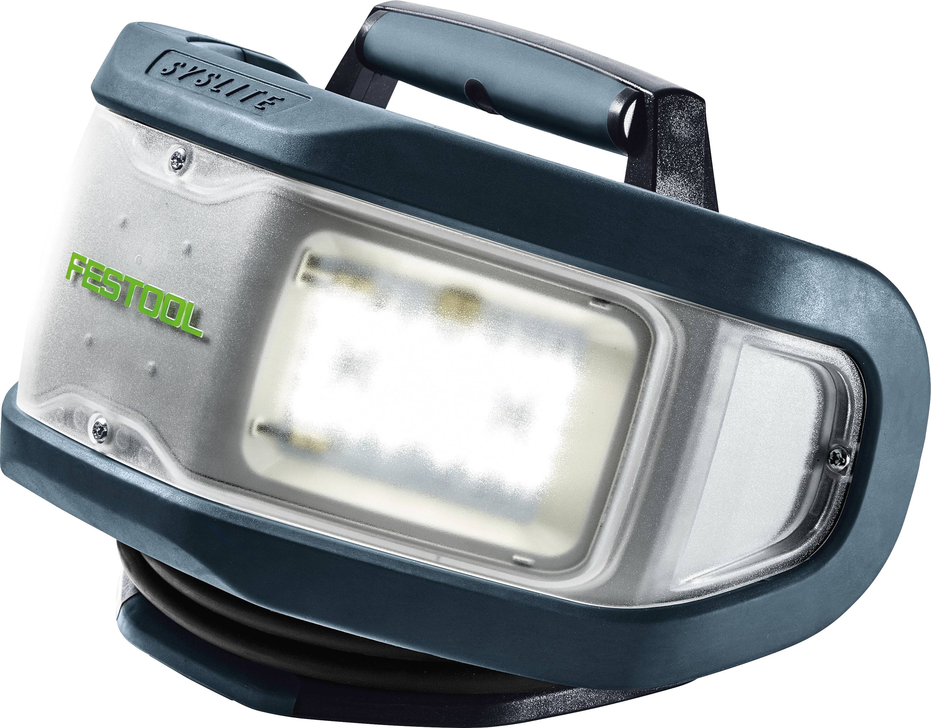 Ein langlebiges, tragbares LED-Arbeitslicht von Festool mit robustem Griff und Stromkabel, das für den Einsatz in Werkstätten oder auf Baustellen konzipiert ist.