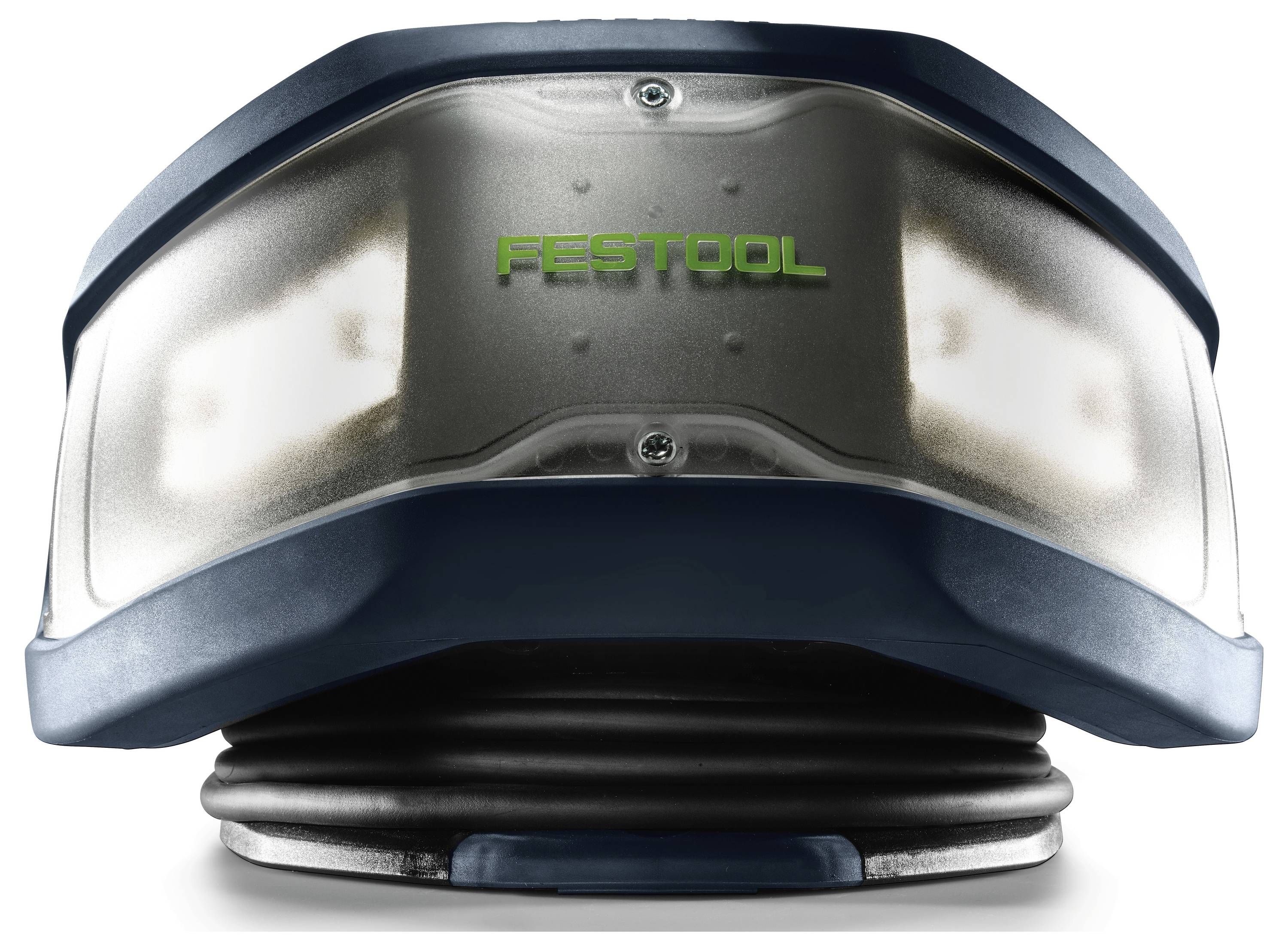 Festool-grünes Logo auf einem Schutzhelm mit robustem Design und flexiblem schwarzem Schlauch darunter, bestimmt für die Sicherheitsverwendung.