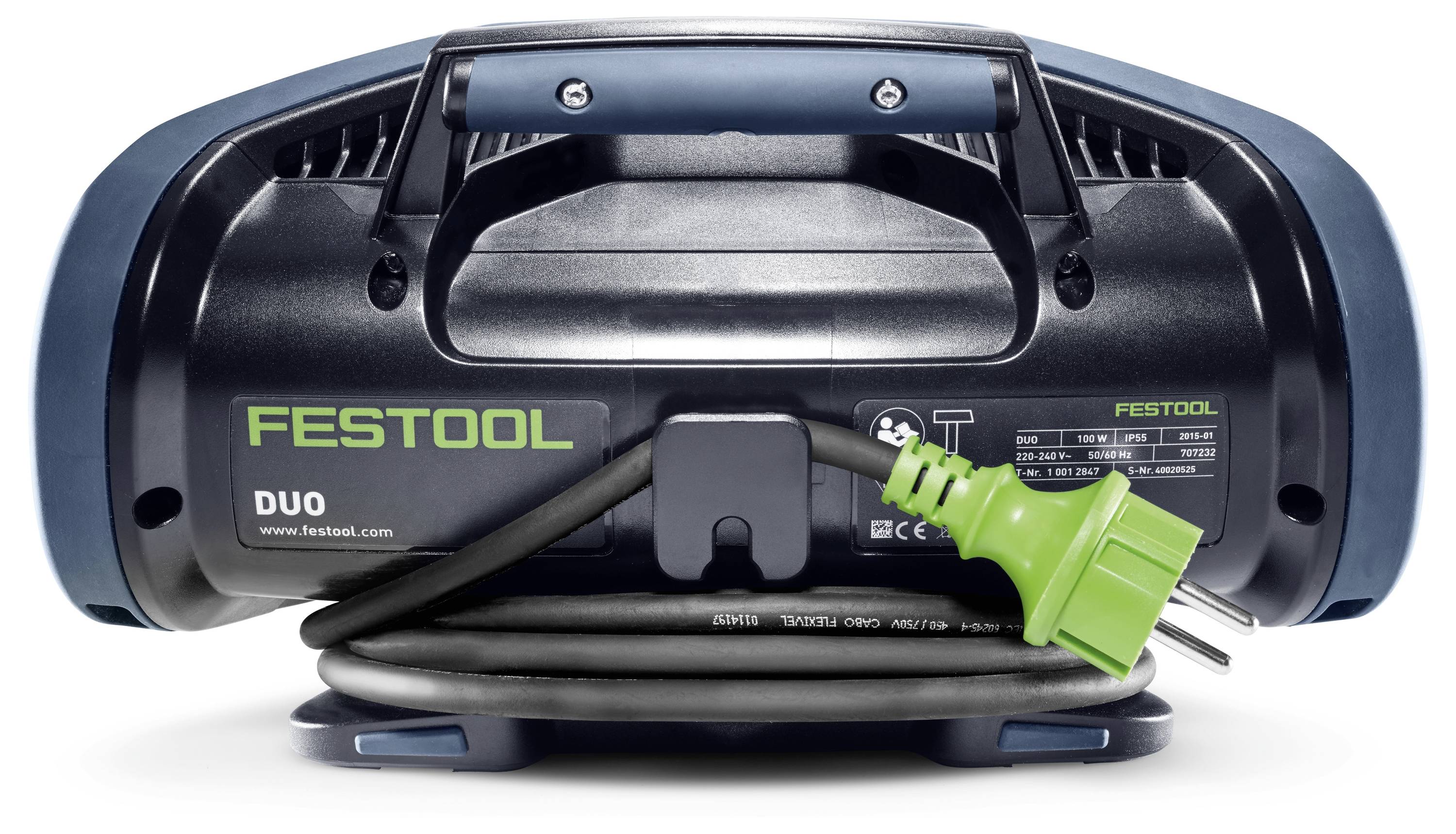 Tragbares Festool-Licht mit Griff, kompaktes Design und Spiralkabel, ideal zur Ausleuchtung auf Baustellen und Arbeitsstätten.