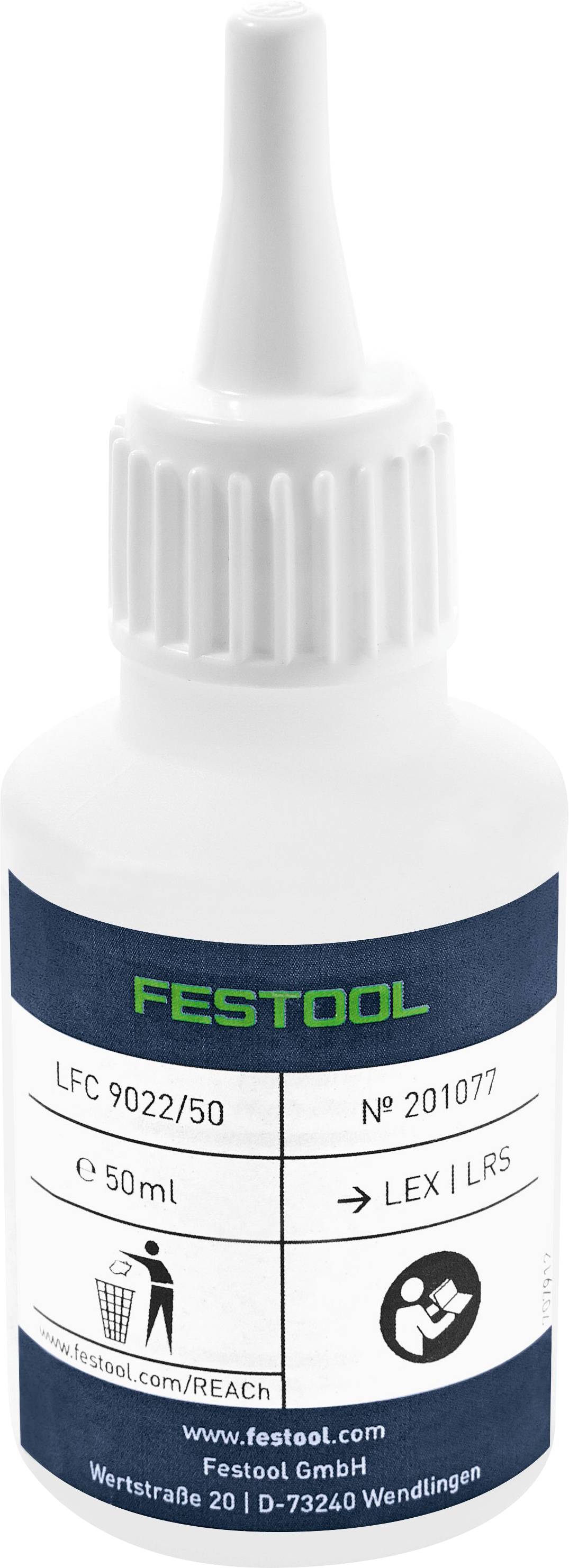 Weiße Flasche mit Festool-Klebstoff, 50 ml, mit Düsenverschluss; Etiketten zeigen Produktdetails und einen Website-Link.