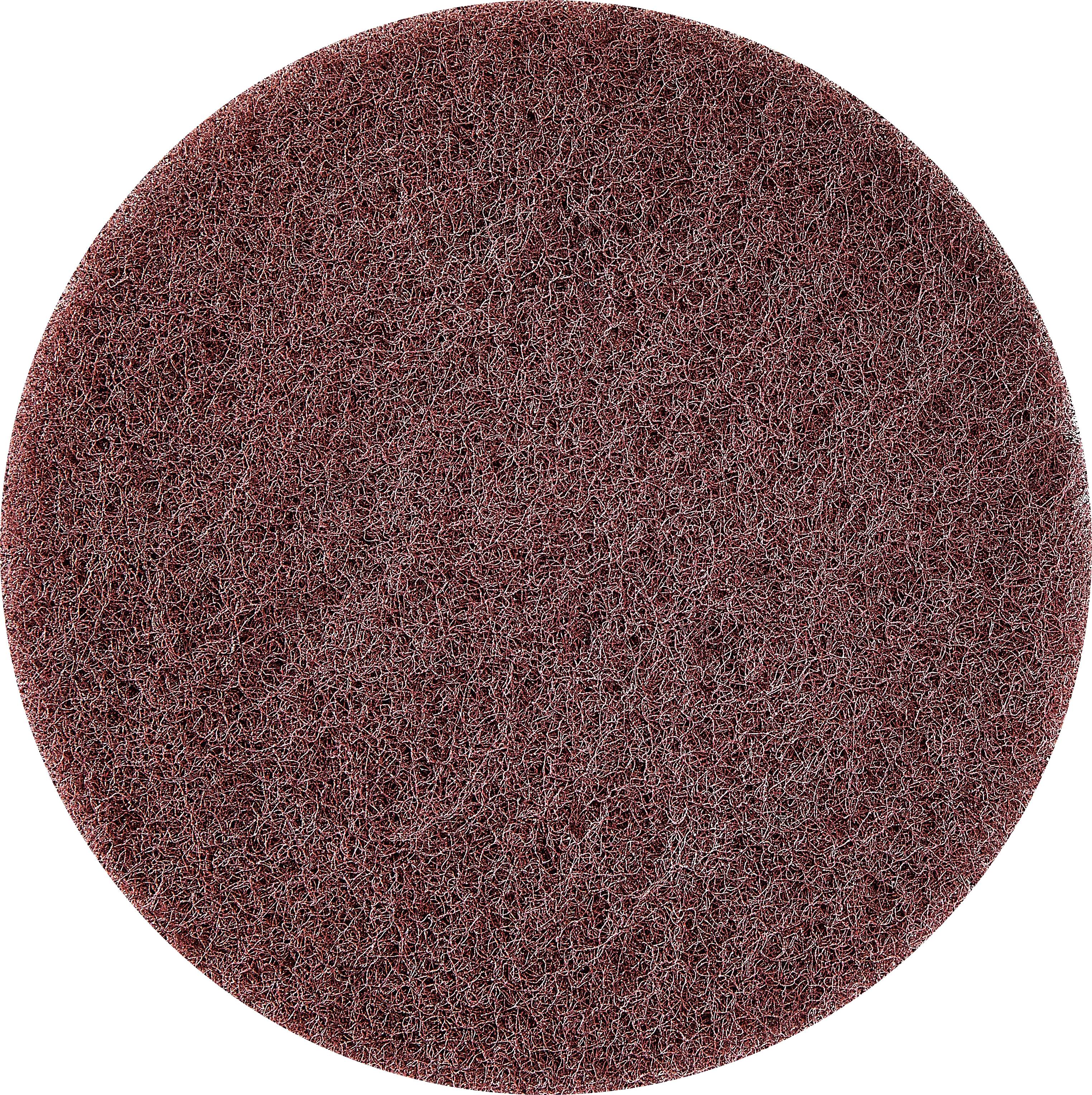 Ein rundes, dunkelrotes Schleifpad mit rauer Oberfläche, das zum Reinigen oder zur Oberflächenvorbereitung verwendet wird.