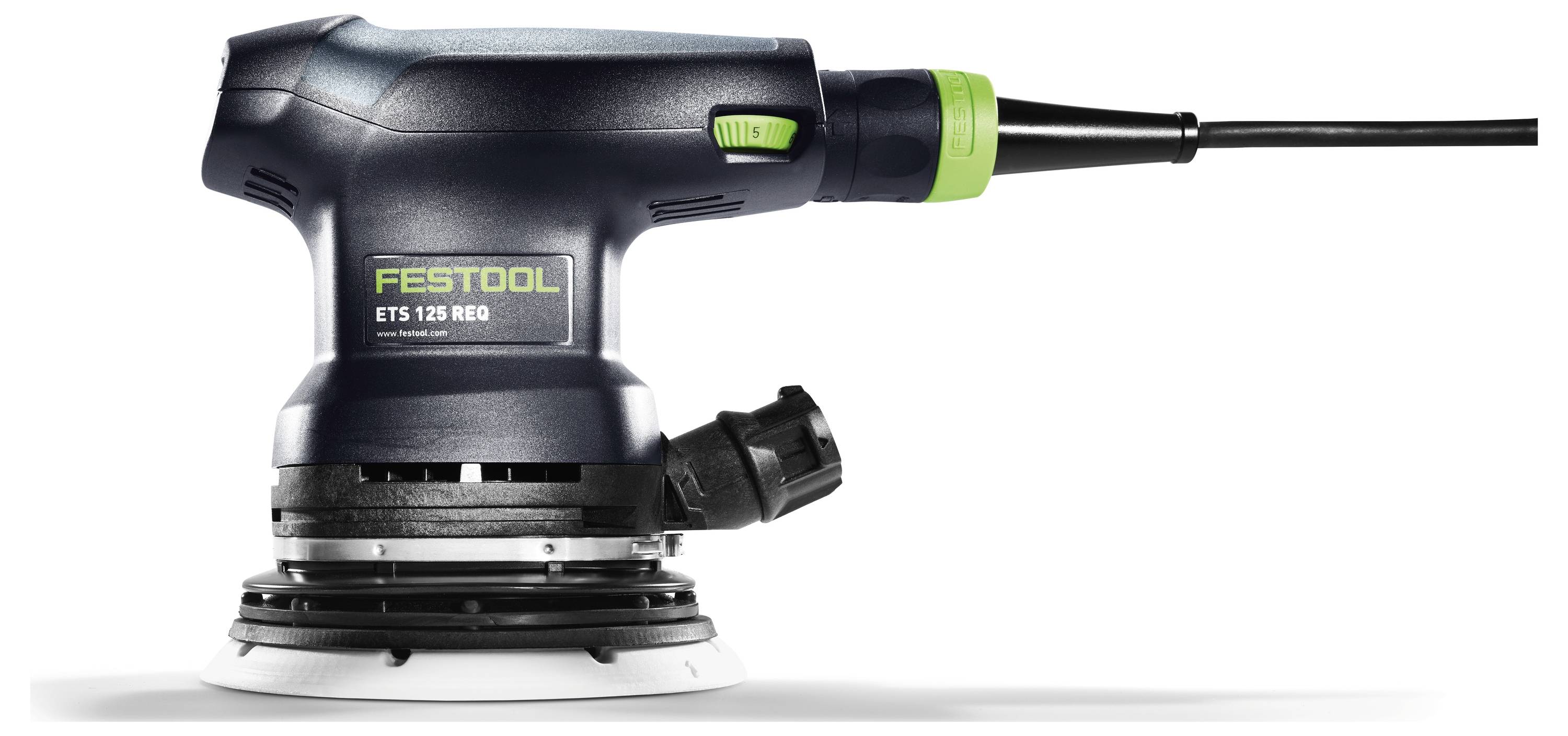 Festool ETS 125 REQ Exzenterschleifer in Schwarz mit grünen Akzenten, zeigt Stromkabel und Schleifpad, entwickelt für detaillierte Schleifaufgaben.