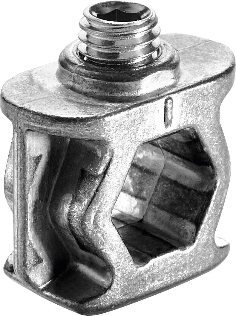 Eine Metallkäfigmutter mit einem Gewindeloch oben, die zum Montieren von Ausrüstungen in Serverracks verwendet wird. Sie hat eine sechseckige Innenform.