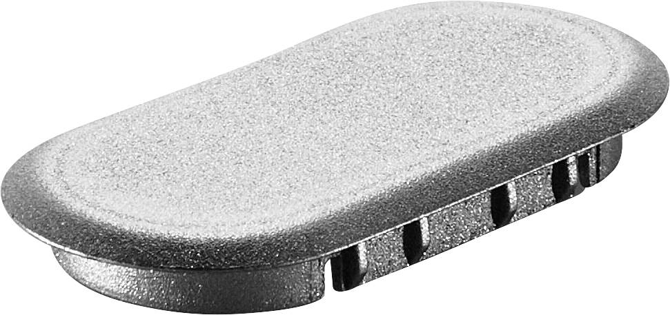Rechteckiges Metallobjekt mit abgerundeten Kanten und lüftungsschlitzartigen Öffnungen an der Seite, möglicherweise eine Kappe oder ein Abdeckungsbauteil.