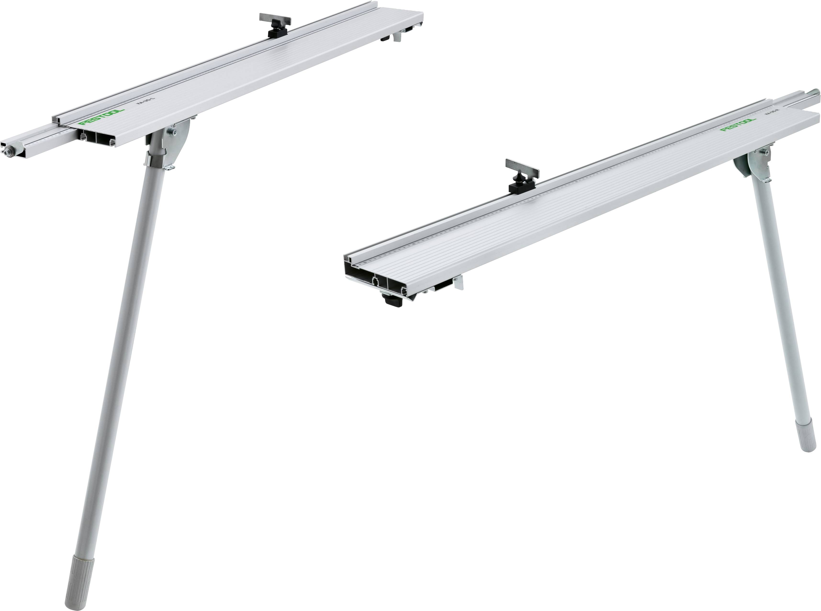 Zwei verstellbare Metallklammern mit ausziehbaren Beinen, die zur Unterstützung langer Materialien beim Schneiden oder Messen verwendet werden.