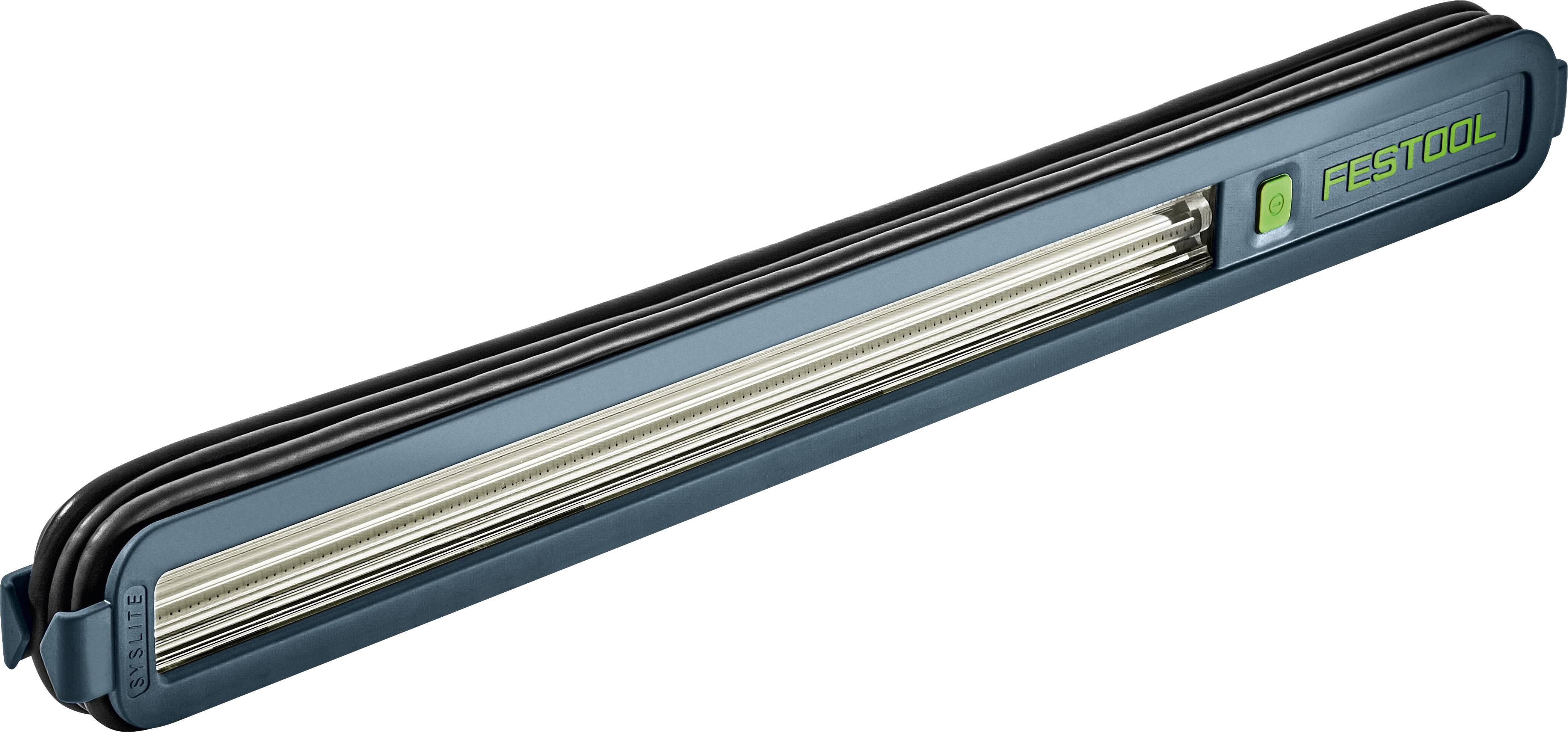 Ein blaues und schwarzes tragbares Werkzeug mit einem langen, hellen LED-Lichtstreifen und einem grünen Knopf mit der Beschriftung „Festool