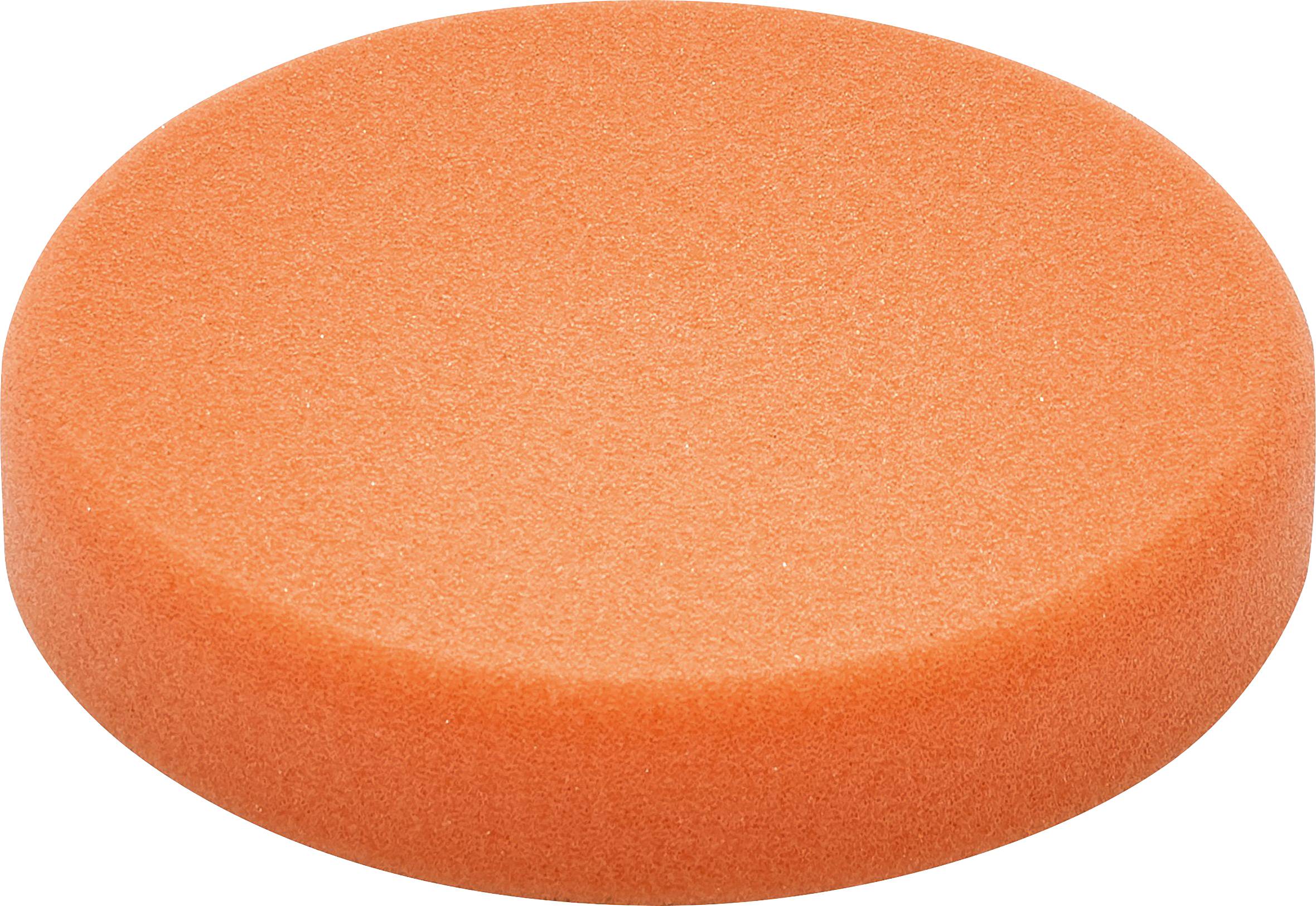 Ein orangefarbenes, rundes Schaumstoffpad, typischerweise zum Auftragen von Autopolitur oder Wachs verwendet, vor einem schlichten weißen Hintergrund gezeigt.
