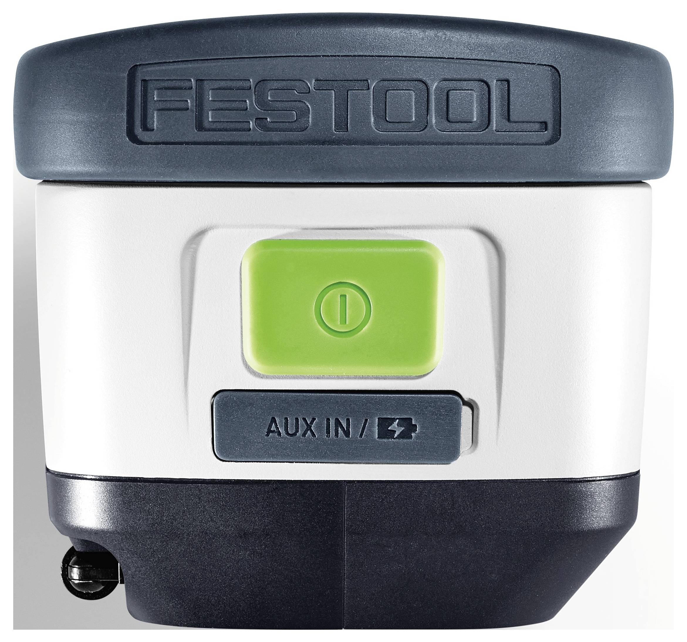 Ein kleiner, tragbarer Festool-Lautsprecher mit grünem Schalter und „AUX IN