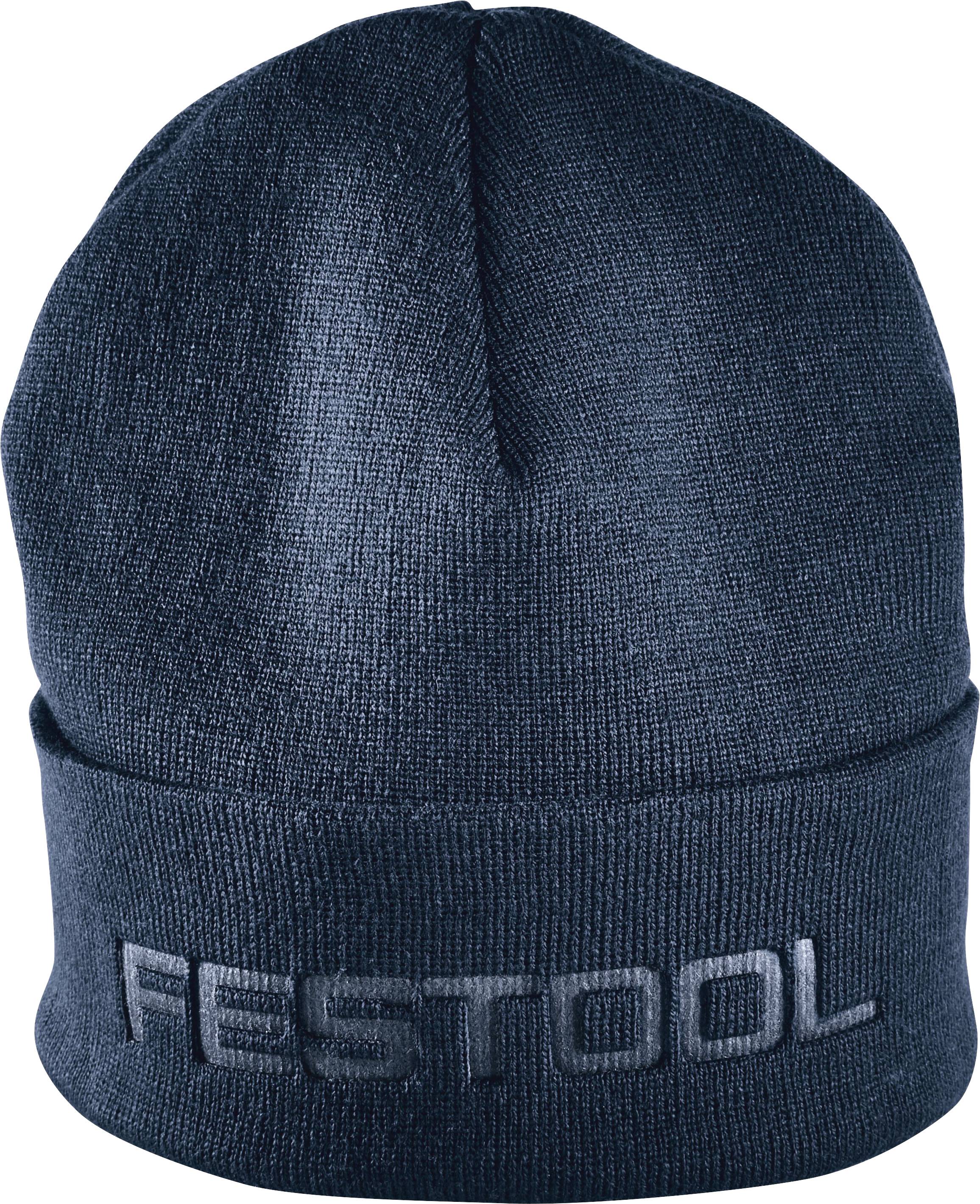 Eine dunkelblau gestrickte Mütze mit dem Wort „FESTOOL