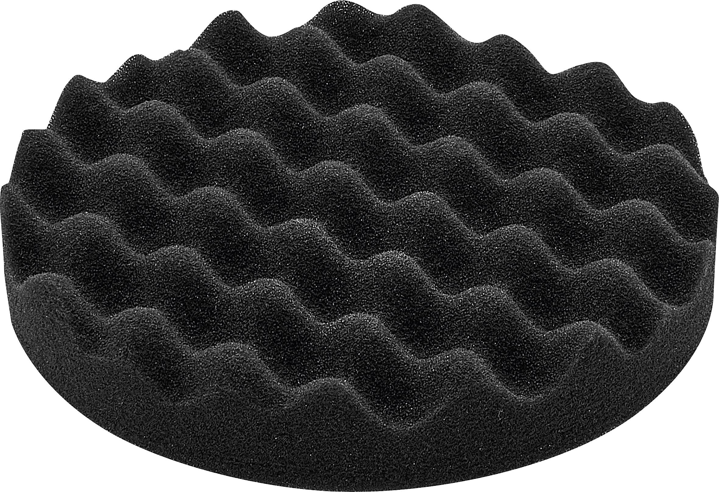 Ein schwarzes Schaumstoffpad mit kreisförmiger Form und einer welligen, strukturierten Oberfläche, das für Polier- oder Polierwerkstattanwendungen konzipiert ist.
