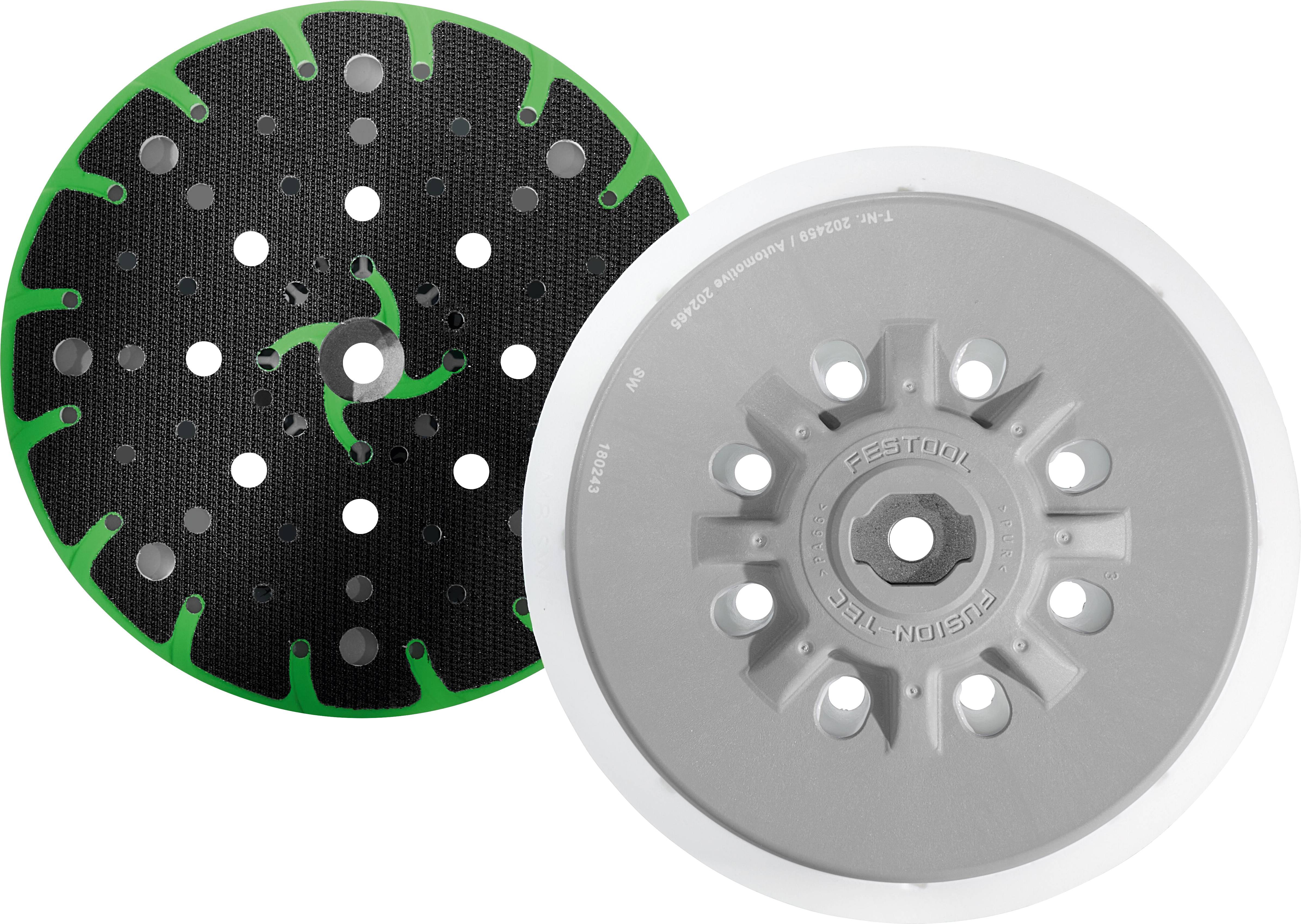 Zwei kreisförmige Festool-Schleifteller, einer mit grüner Rückseite und der andere grau, mit mehreren Löchern zur Staubabsaugung.