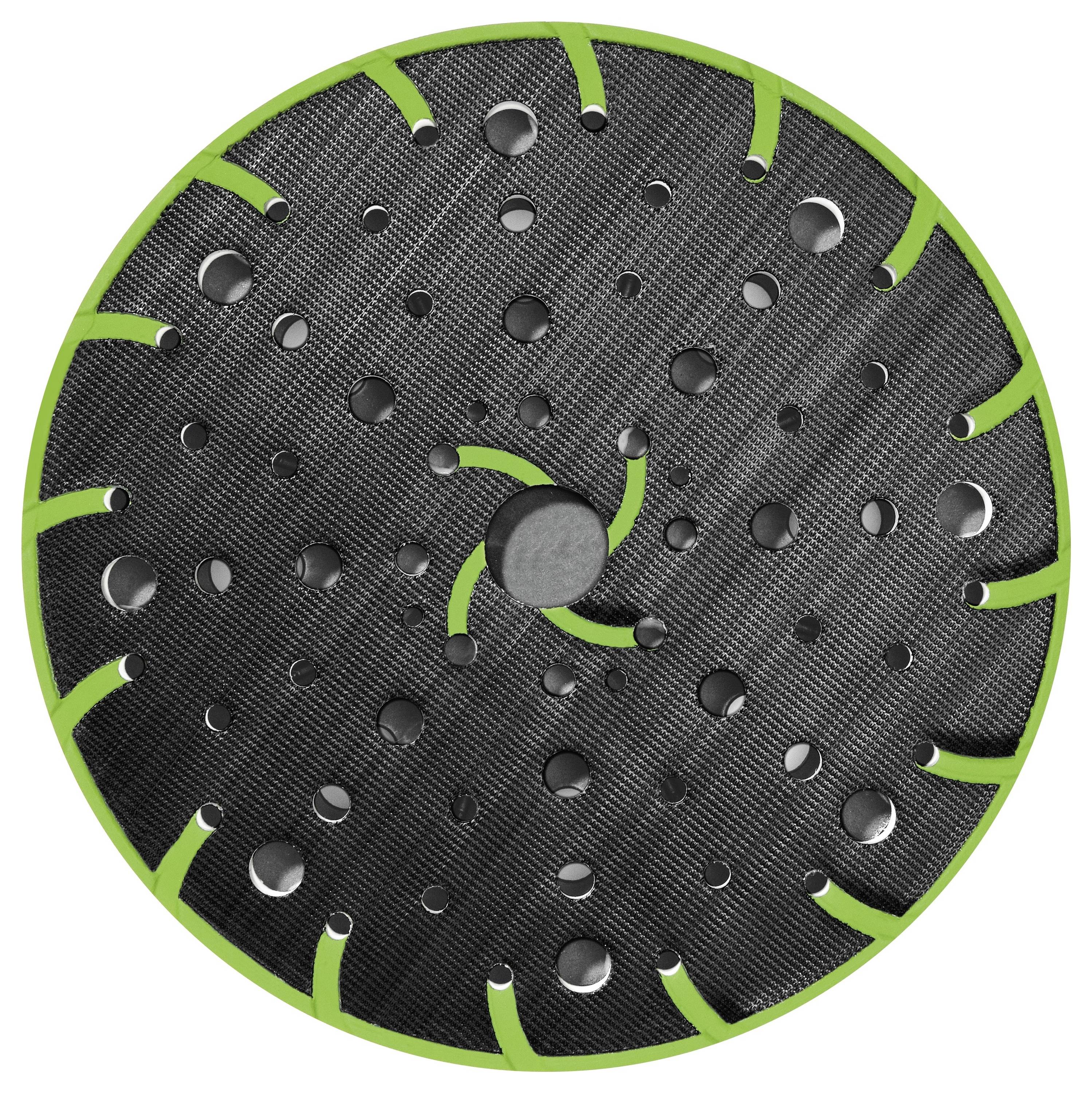 Eine runde schwarze Scheibe mit grünen Kanten und zahlreichen Löchern, möglicherweise ein Schleifteller, der für Schleifzwecke im Bauwesen oder in der Holzbearbeitung verwendet wird.