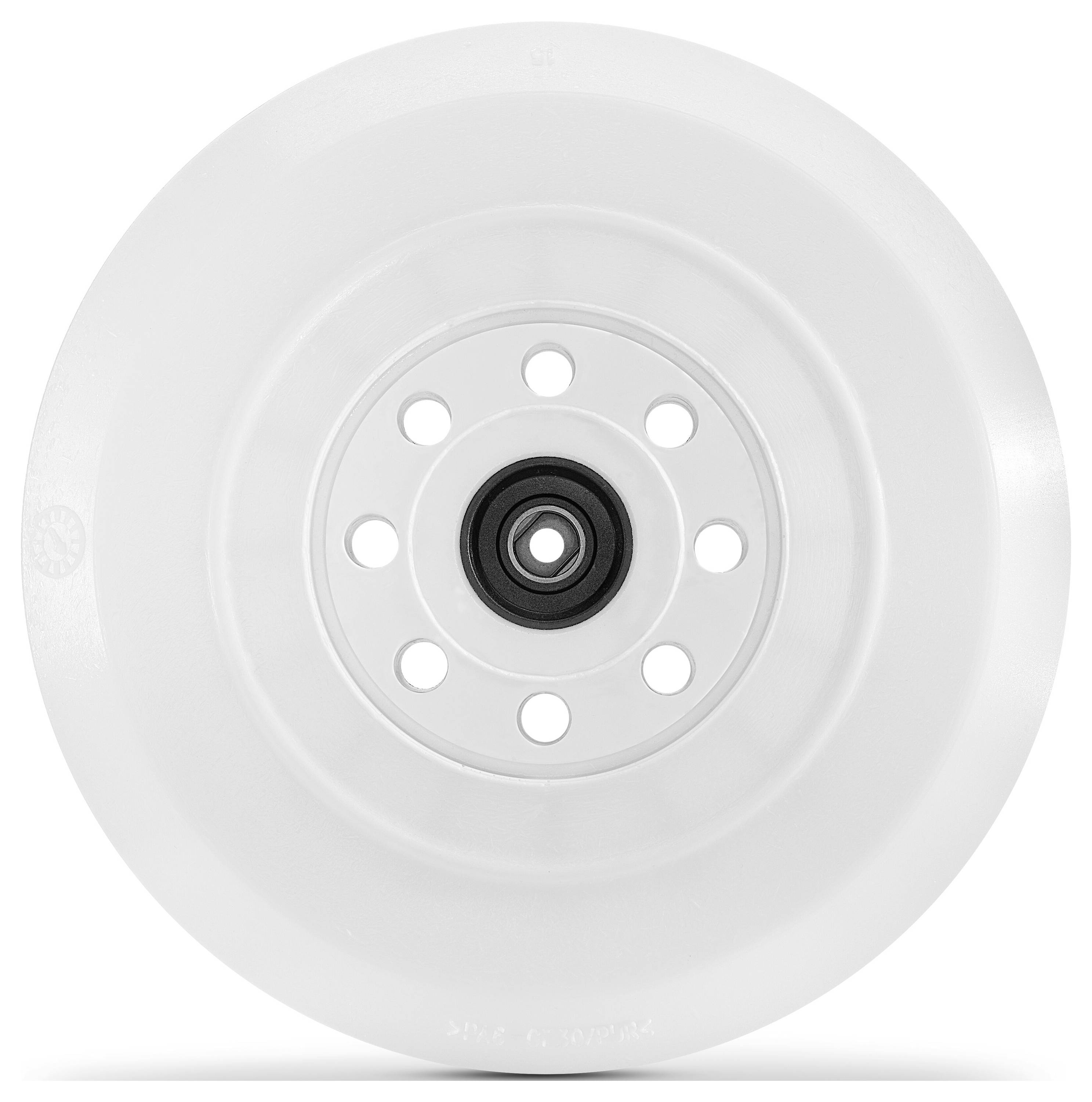 Ein weißes, kreisförmiges Laufrad mit schwarzer Mitte und sechs Löchern rundherum, von vorne betrachtet, zeigt sein symmetrisches Design.