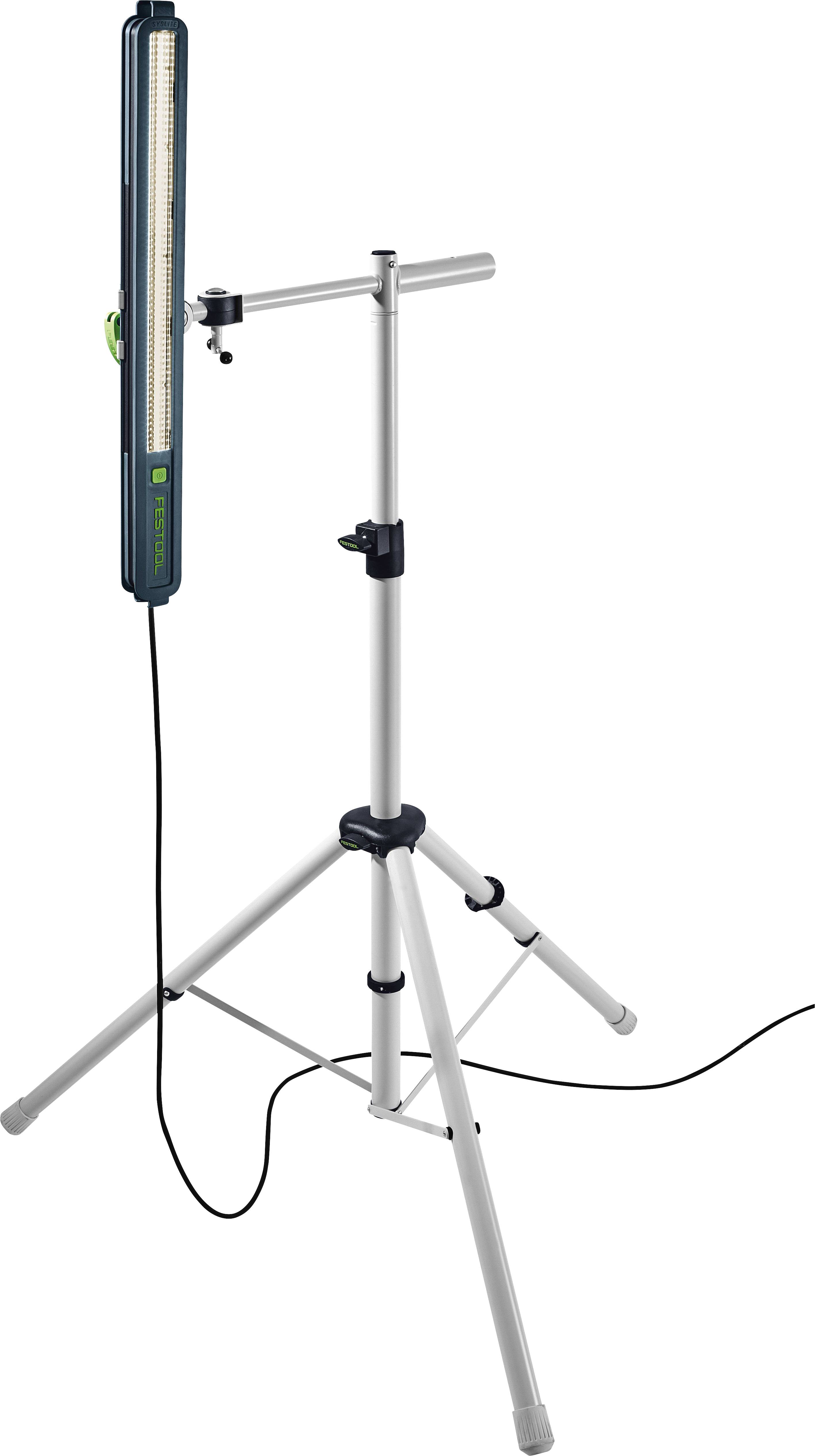 Ein hohes, schmales LED-Arbeitslicht auf einem verstellbaren Stativständer montiert, verbunden mit einem Stromkabel.