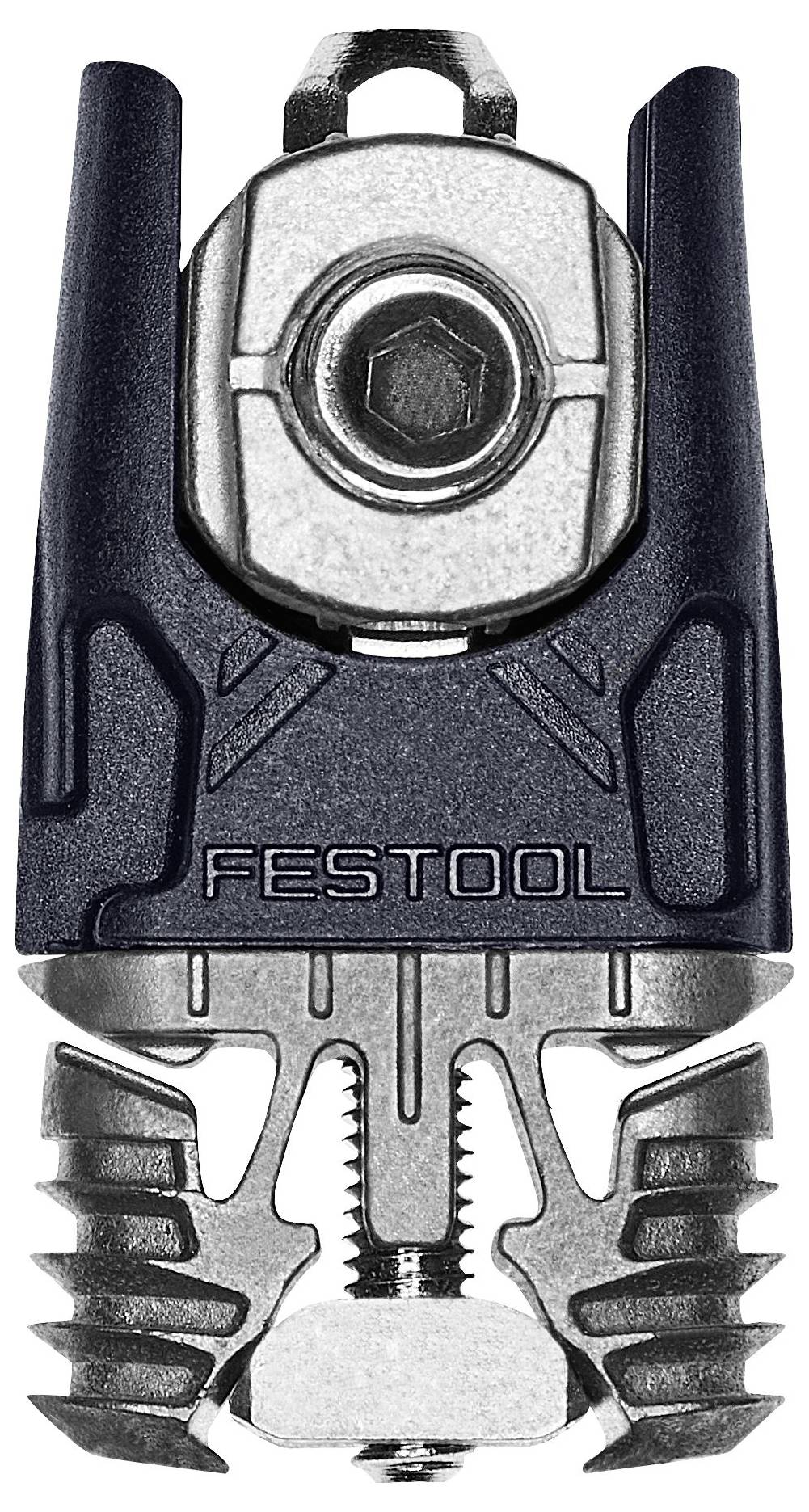 Das Bild zeigt ein Festool-Werkzeugzubehör mit einem Metallmechanismus, der gerillte Teile und einen sechskantigen Bolzen in der Mitte aufweist.