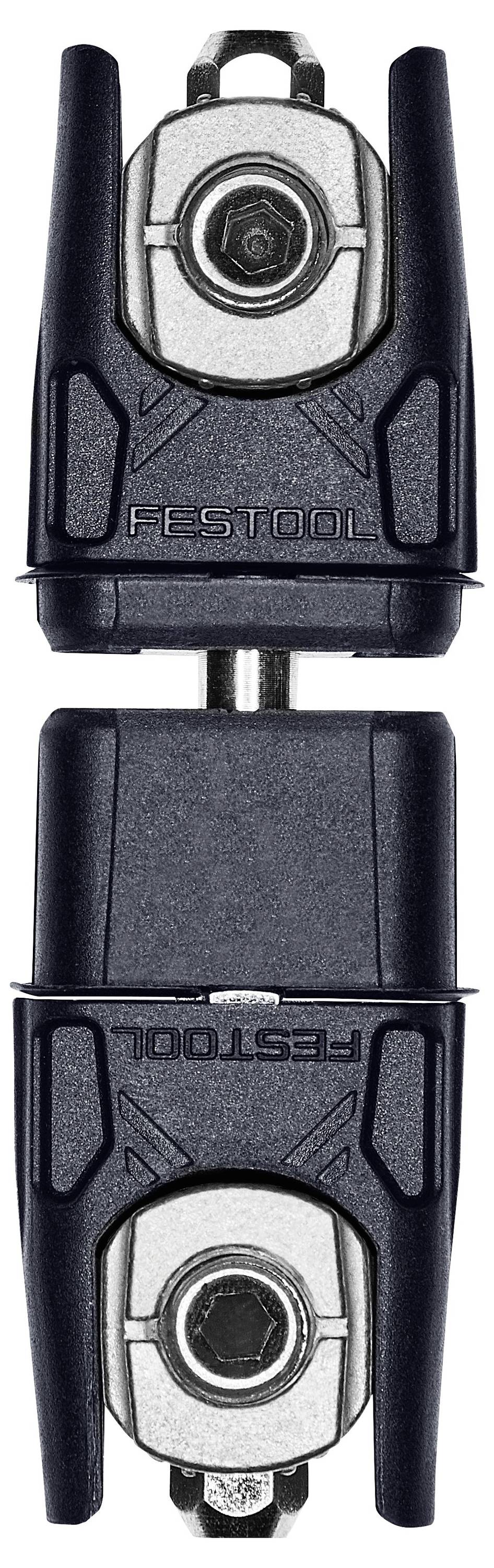 Ein Nahaufnahmebild eines schwarzen und silbernen Festool-Werkzeugzubehörs, das zwei ineinandergreifende Teile zeigt, die für eine spezifische Montagefunktion konzipiert sind.