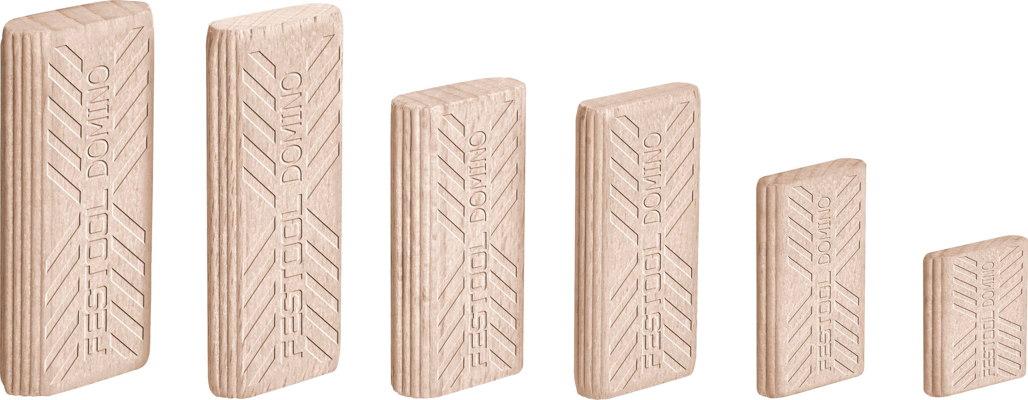 Ein Satz von sechs Holz-Domino-Verbindern, progressiv kleiner von links nach rechts, jeder mit der Bezeichnung „Domino