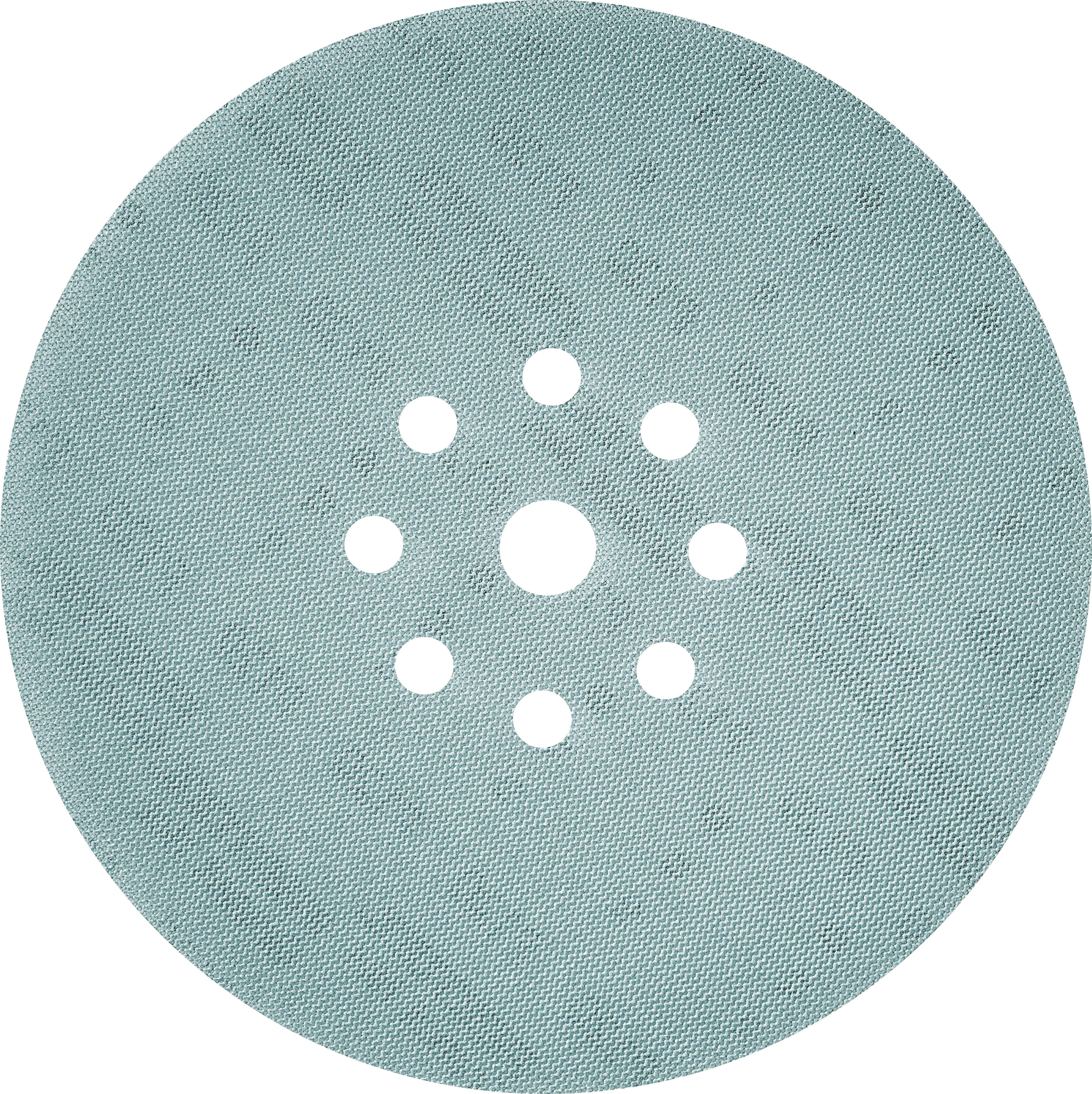 Eine runde, grünblauе Schleifscheibe mit neun Löchern, die um die Mitte angeordnet sind und für elektrische Schleifwerkzeuge verwendet wird.