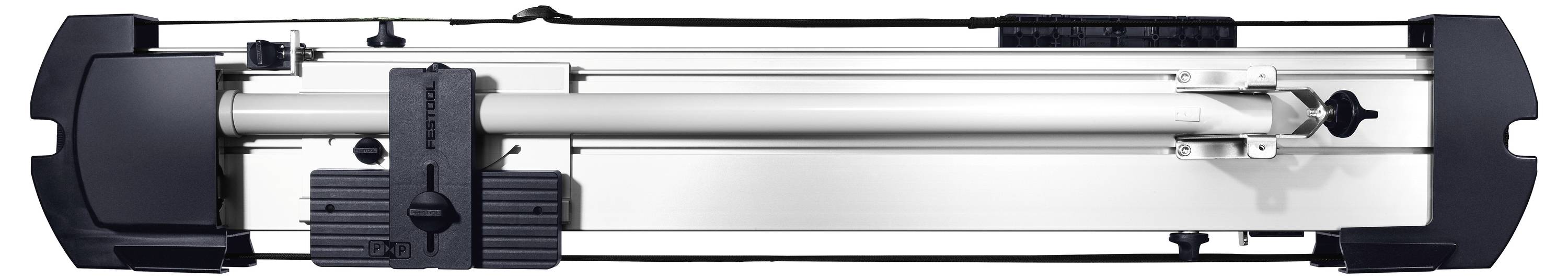 Ein von oben betrachtetes zusammengeklapptes Silber- und Schwarzes Stativ, das sein kompaktes und tragbares Design für einfachen Transport zeigt.