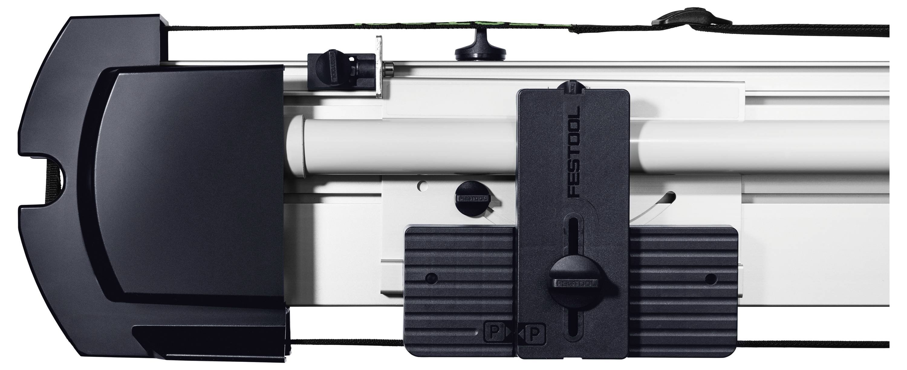 Eine Nahaufnahme eines Festool-Führungsschienenystems, das seine Verstellknöpfe und seinen Schiedemechanismus zeigt, das für Präzision bei Schneidaufgaben konzipiert ist.