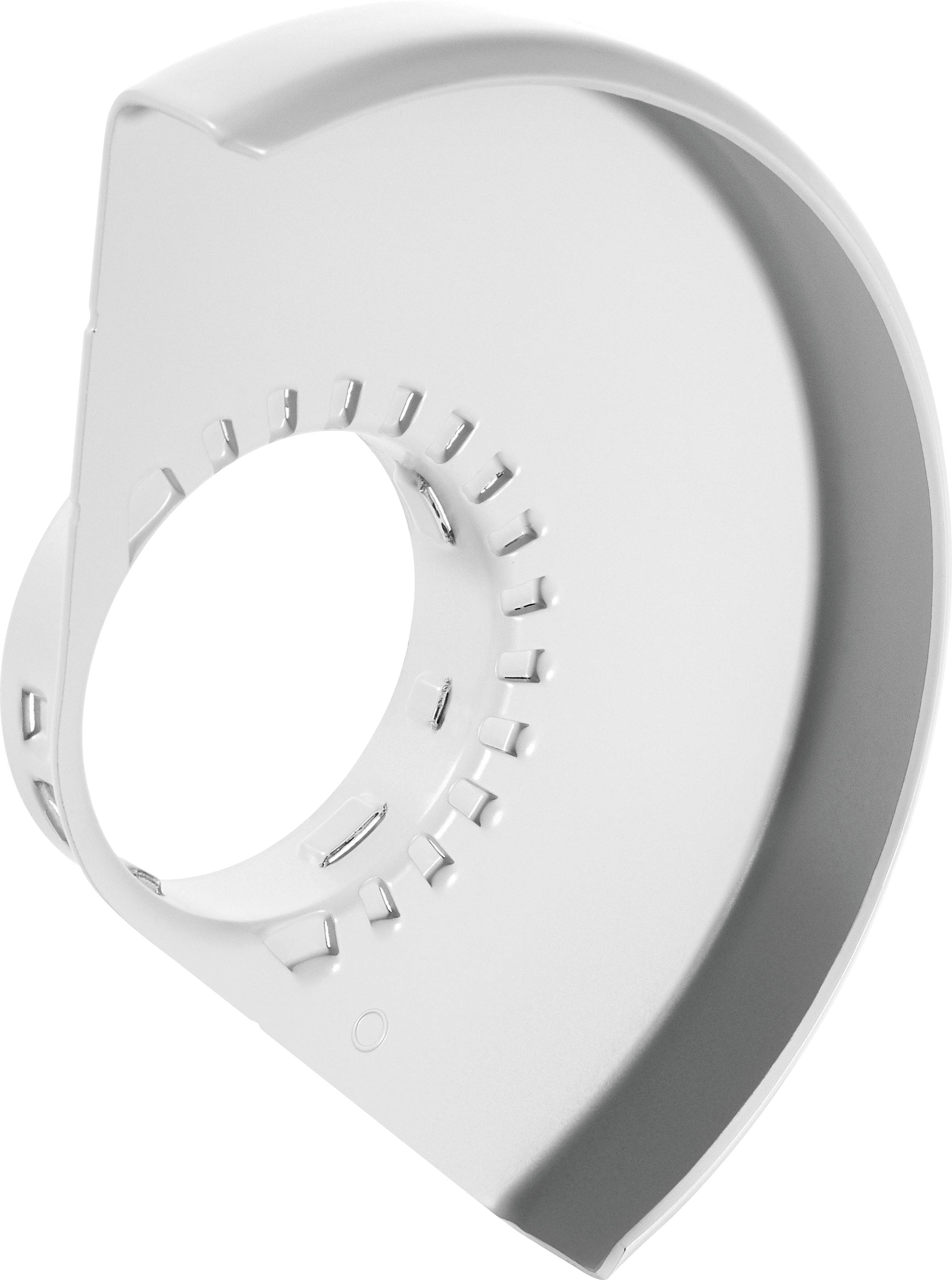 Eine silberne metallische kreisförmige Schleifscheibenschutzvorrichtung mit gerillten Kanten, die für Sicherheit und Schutz während der Verwendung konzipiert ist.