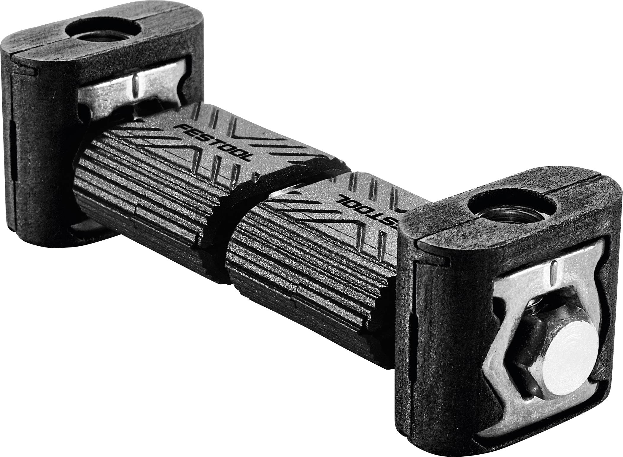 Ein kompakter schwarzer mechanischer Werkzeugverbinder mit zwei abgerundeten Enden und gravierten Mustern, entworfen, um Komponenten sicher miteinander zu verbinden.