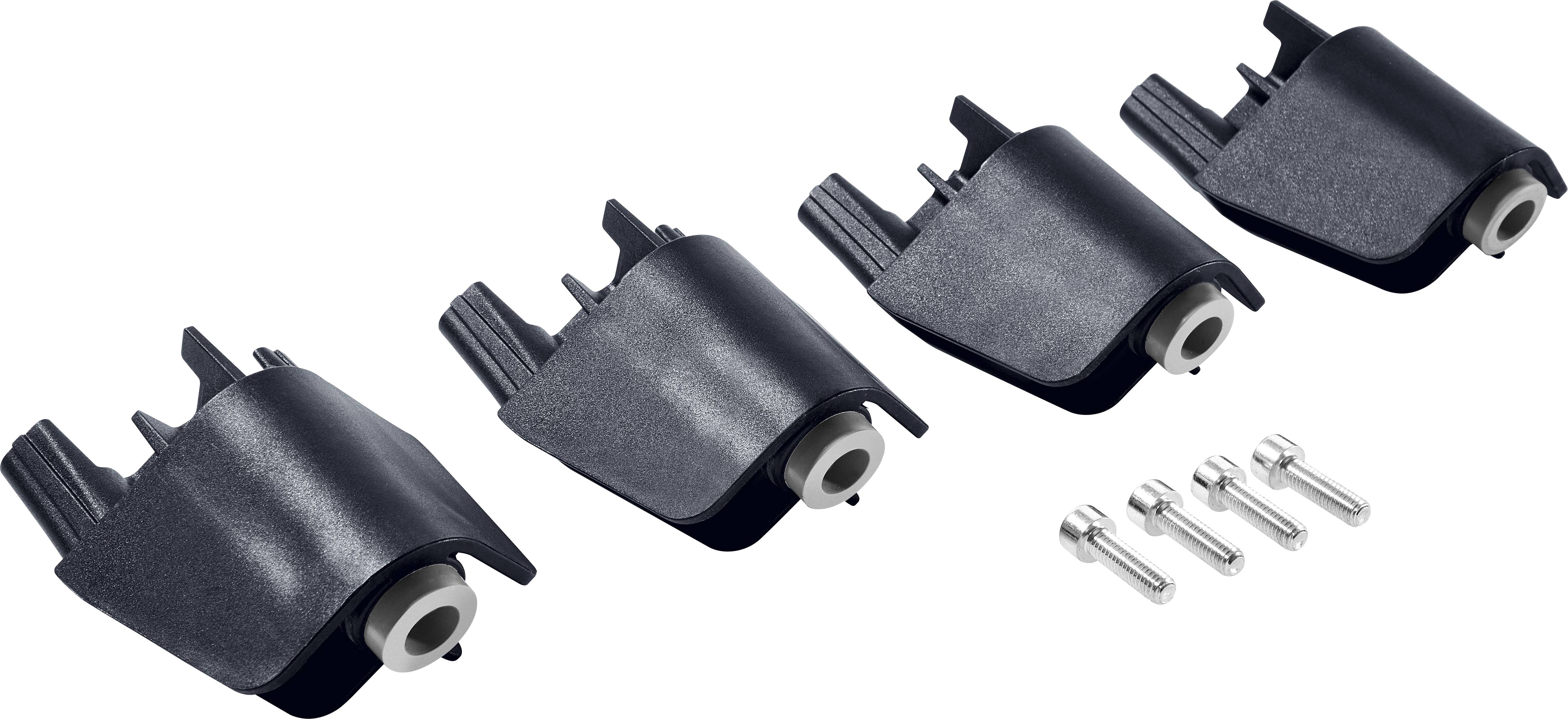 Vier schwarze Dachträgerbefestigungen mit vier Schrauben, in einer Reihe angeordnet, zum Befestigen eines Dachträgers an einem Fahrzeug.