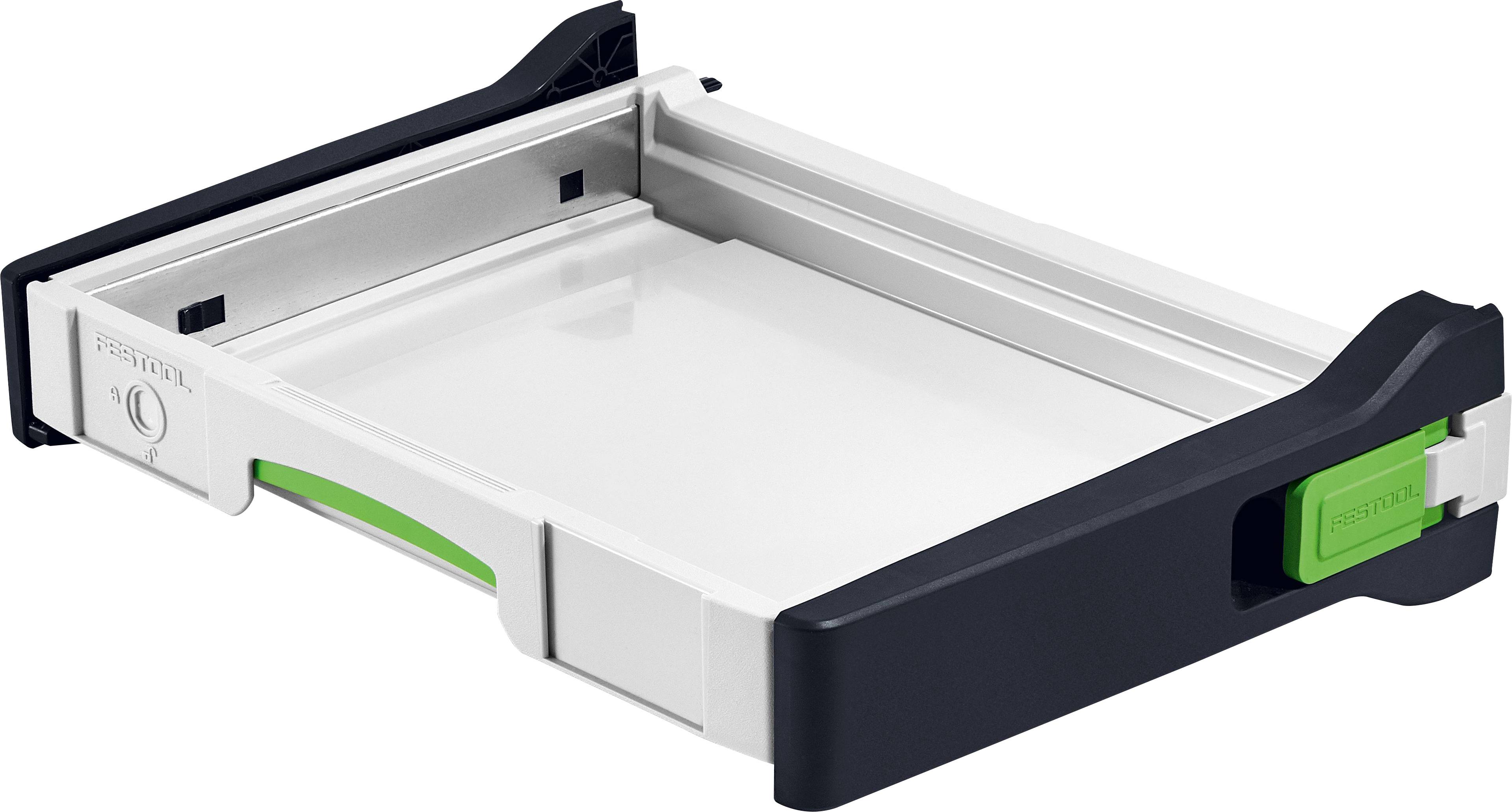 Kunststoffschublade mit schwarzen und grünen Akzenten, ausgestattet mit einem Schiebbmechanismus und Festool-Branding.
